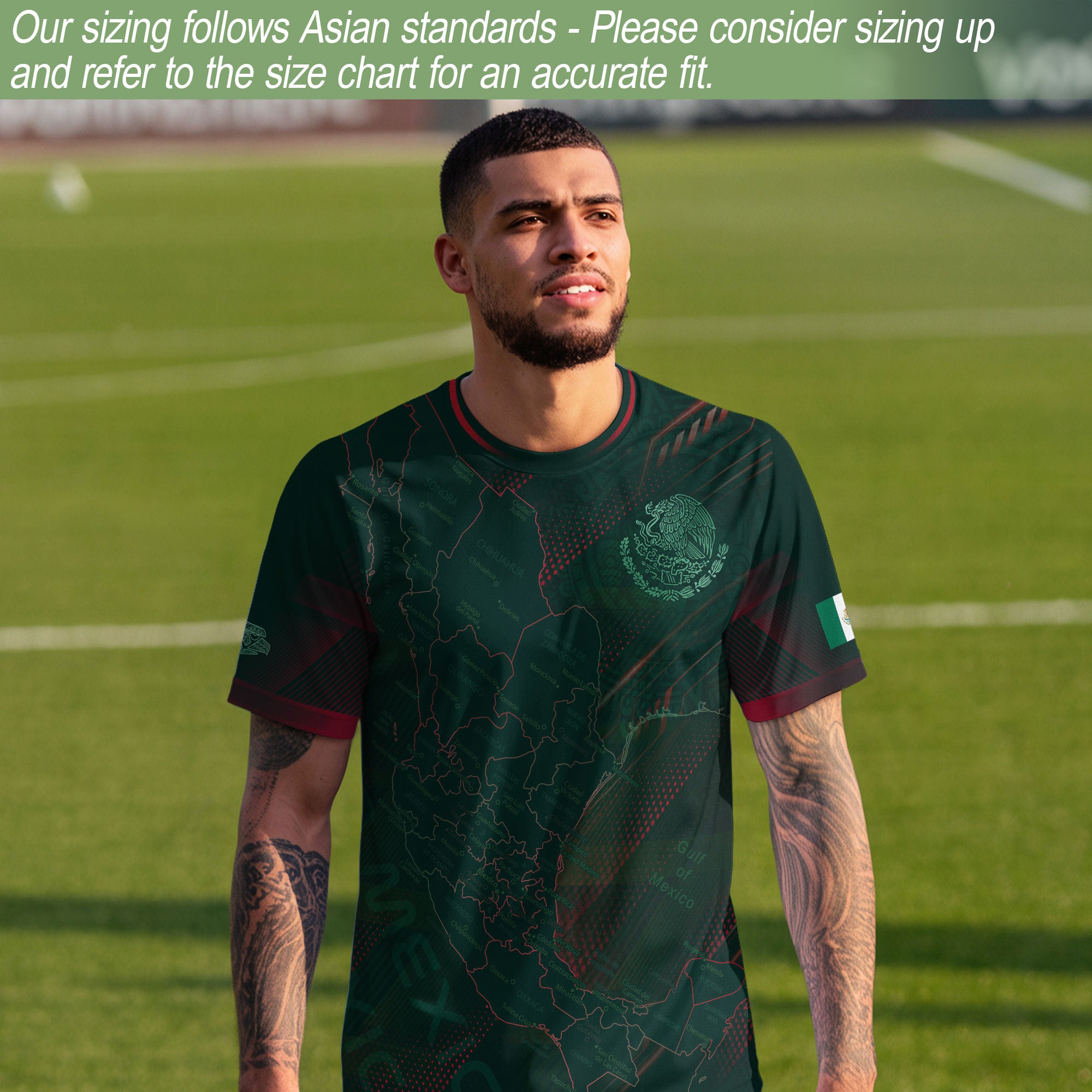 Mexico Heritage Orgullo Mexicano Green Red Detailed Country Map Aztec Soccer Jersey