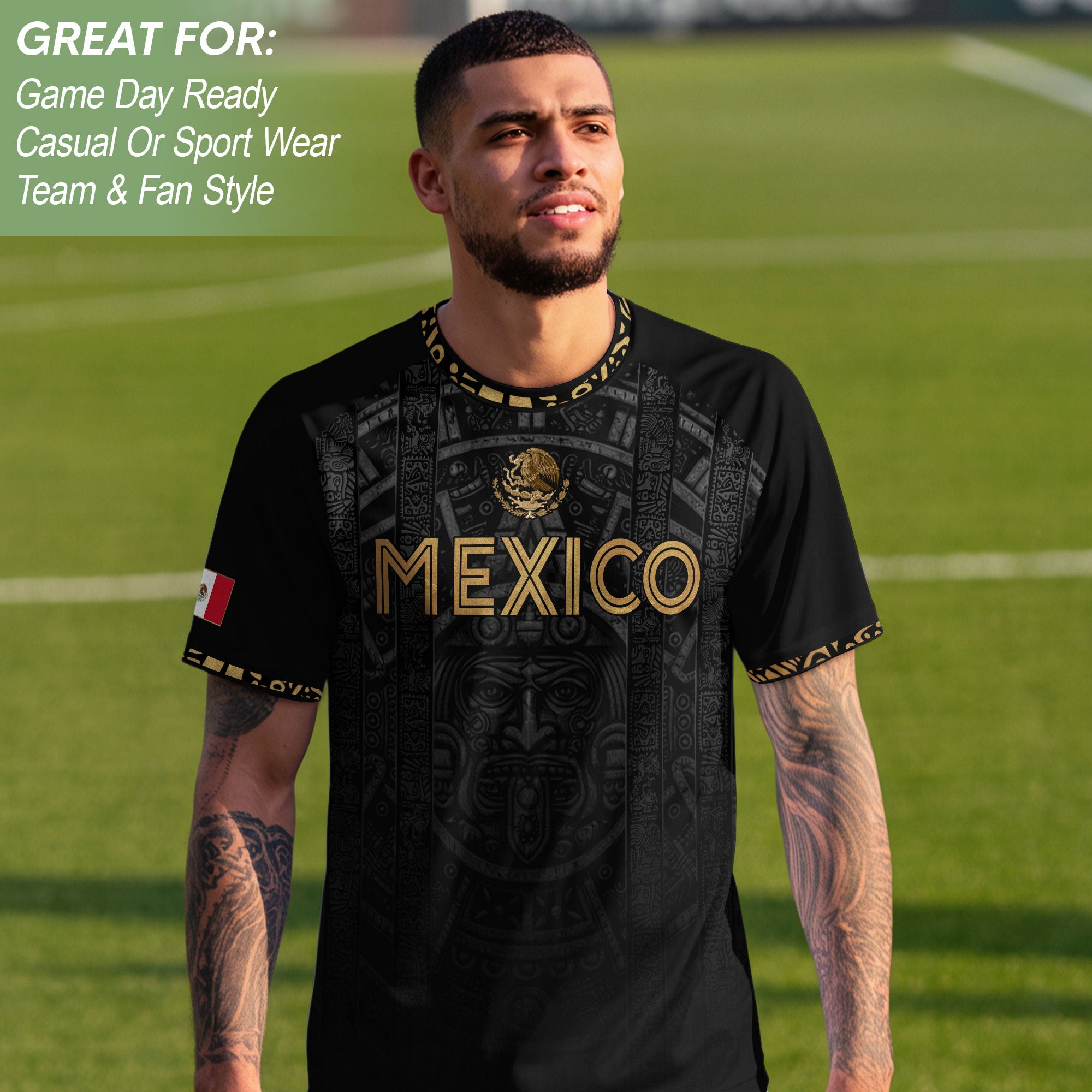 Mexico Heritage Orgullo Mexicano Black Gold Aztec Sun Stone Calendar Soccer Jersey