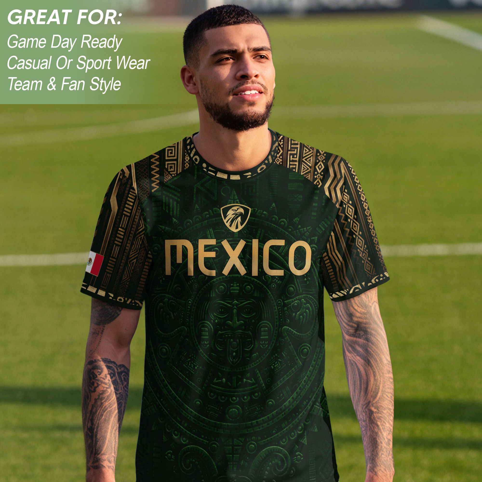 Camiseta de fútbol premium con emblema de águila azteca verde y dorado de México