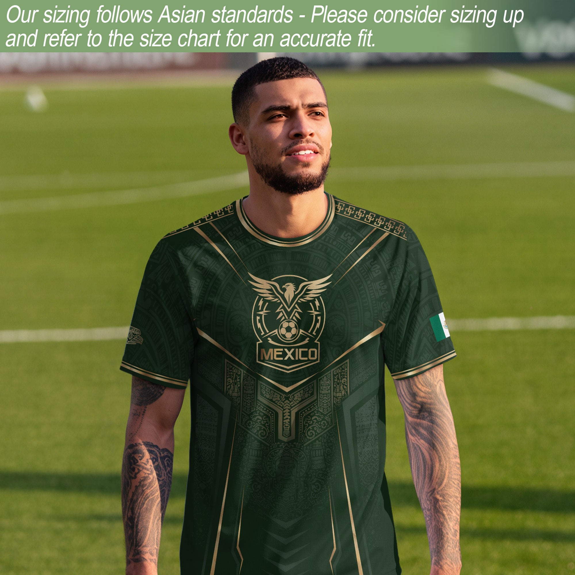 Camiseta de fútbol premium con emblema de águila azteca verde y dorado de México