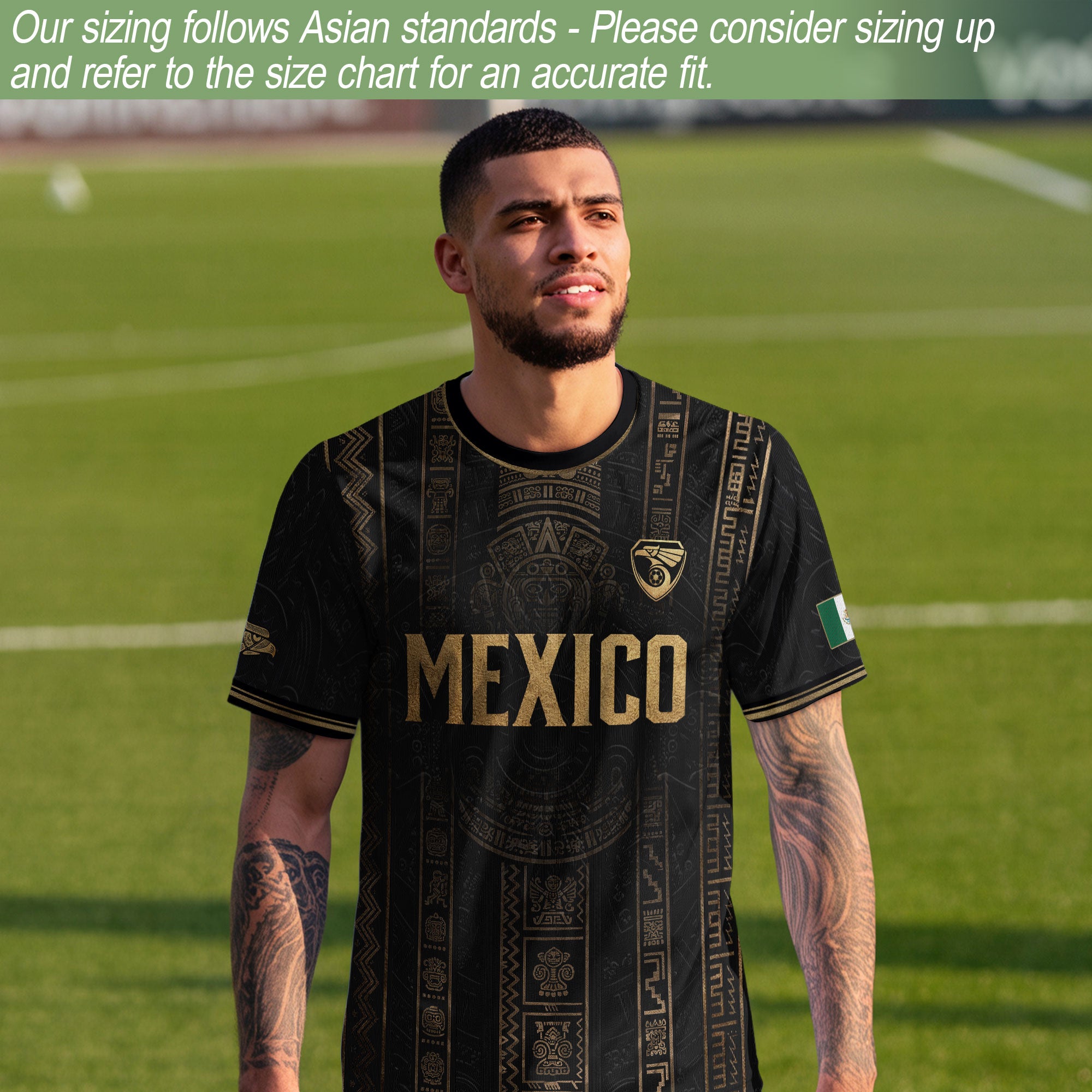 Camiseta de fútbol premium con emblema de águila azteca verde y dorado de México