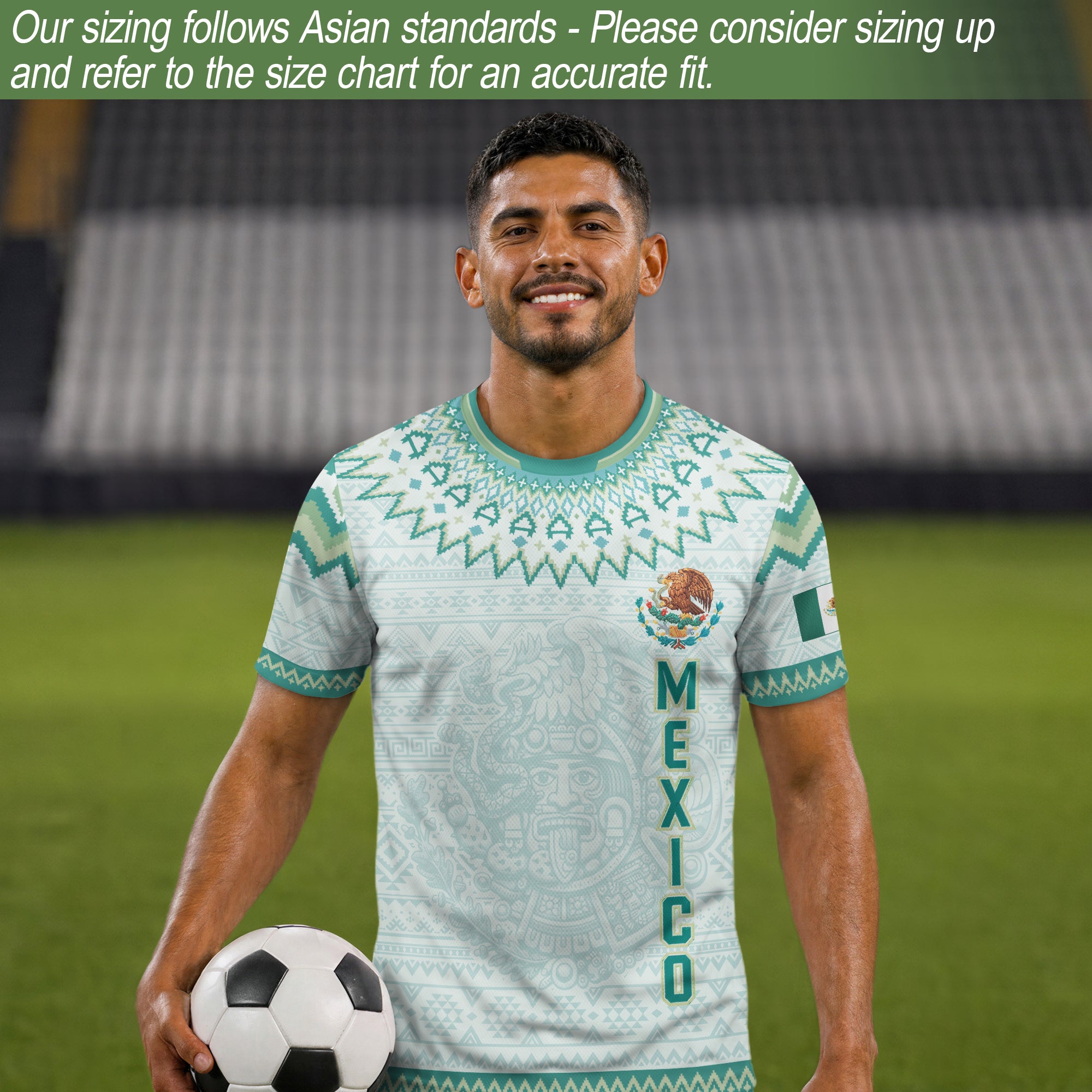 Camiseta de fútbol premium con emblema de águila azteca verde y dorado de México