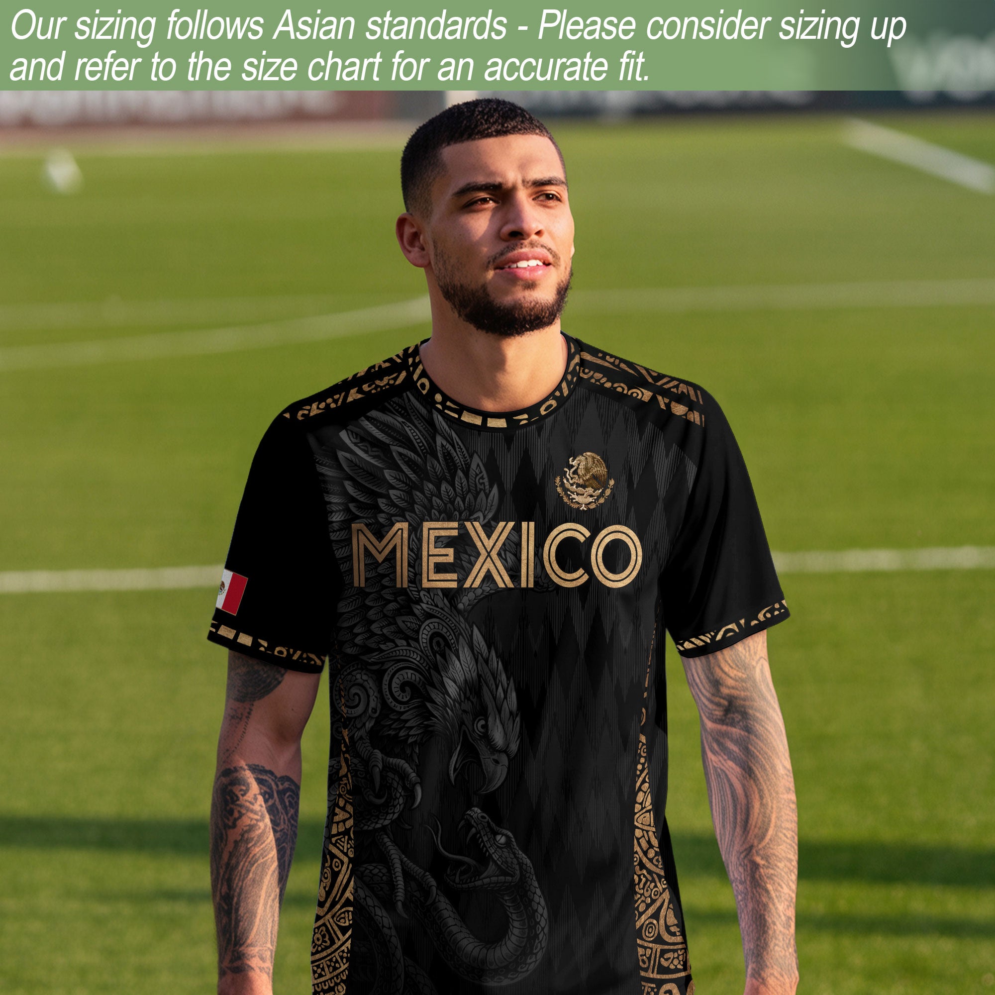 Camiseta de fútbol premium con emblema de águila azteca verde y dorado de México
