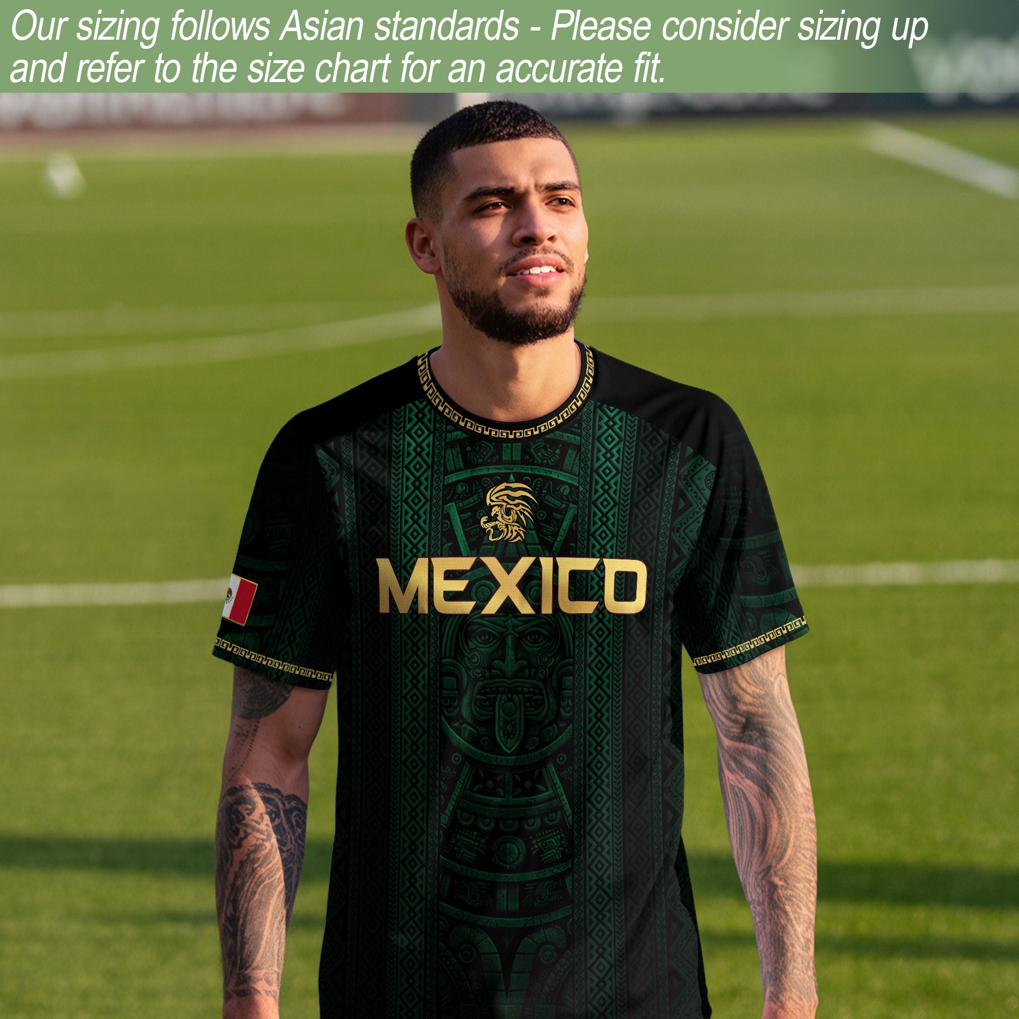 Camiseta de fútbol premium con emblema de águila azteca verde y dorado de México