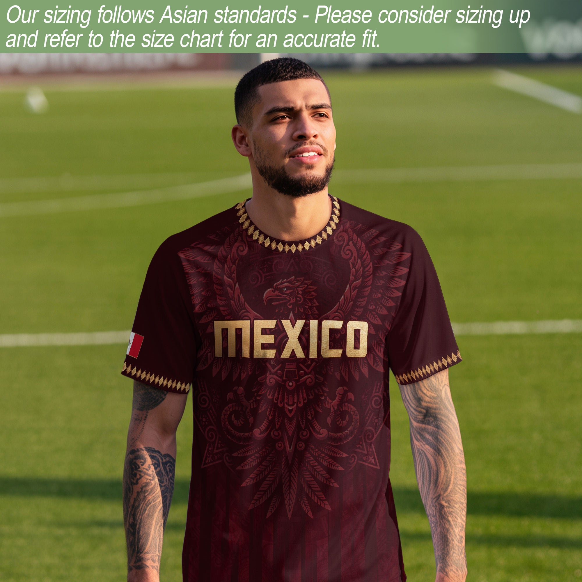 Camiseta de fútbol premium con emblema de águila azteca verde y dorado de México