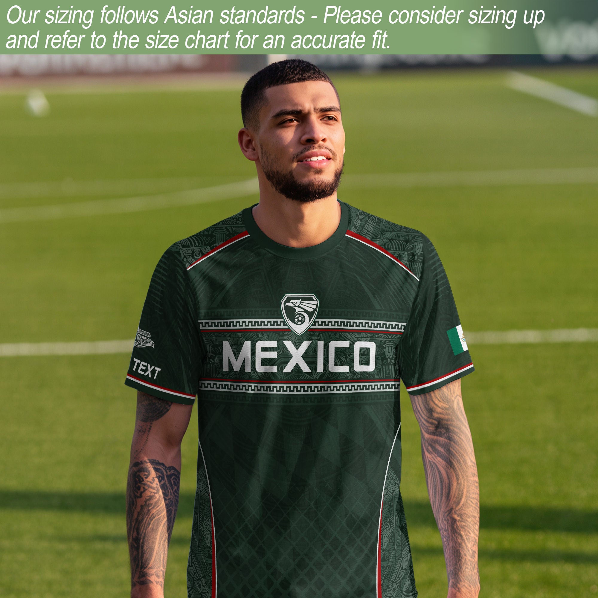 Camiseta de fútbol premium con emblema de águila azteca verde y dorado de México