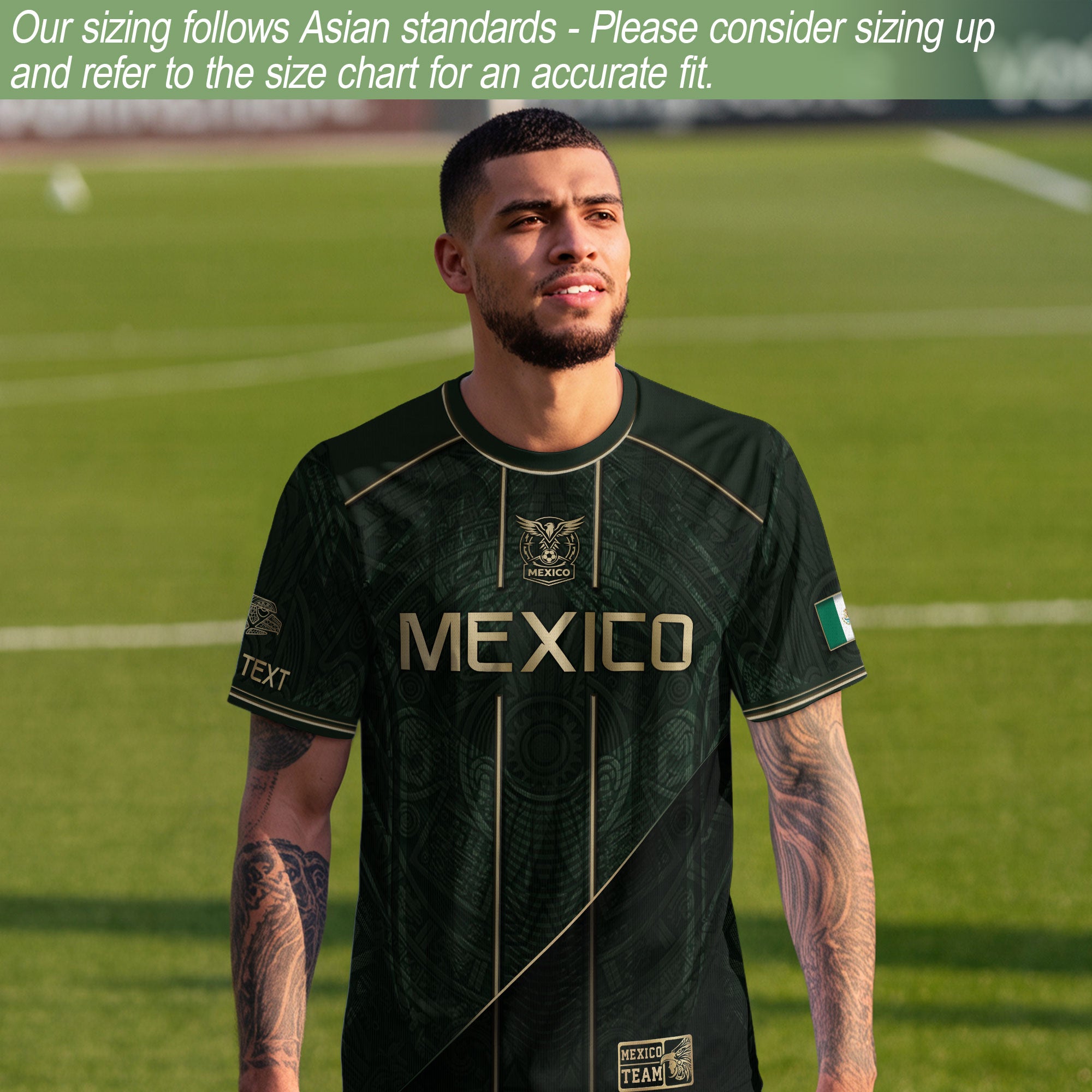 Camiseta de fútbol premium con emblema de águila azteca verde y dorado de México