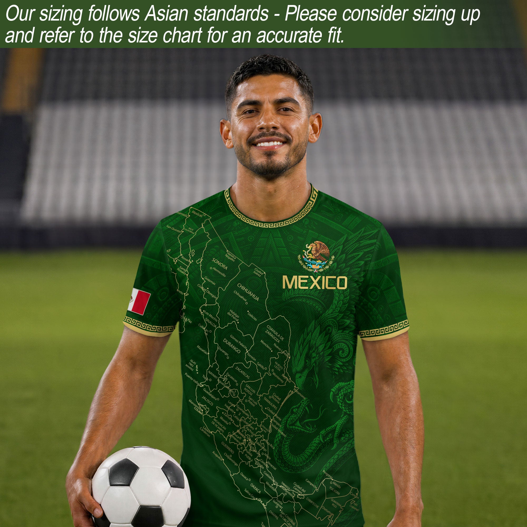 Camiseta de fútbol premium con emblema de águila azteca verde y dorado de México