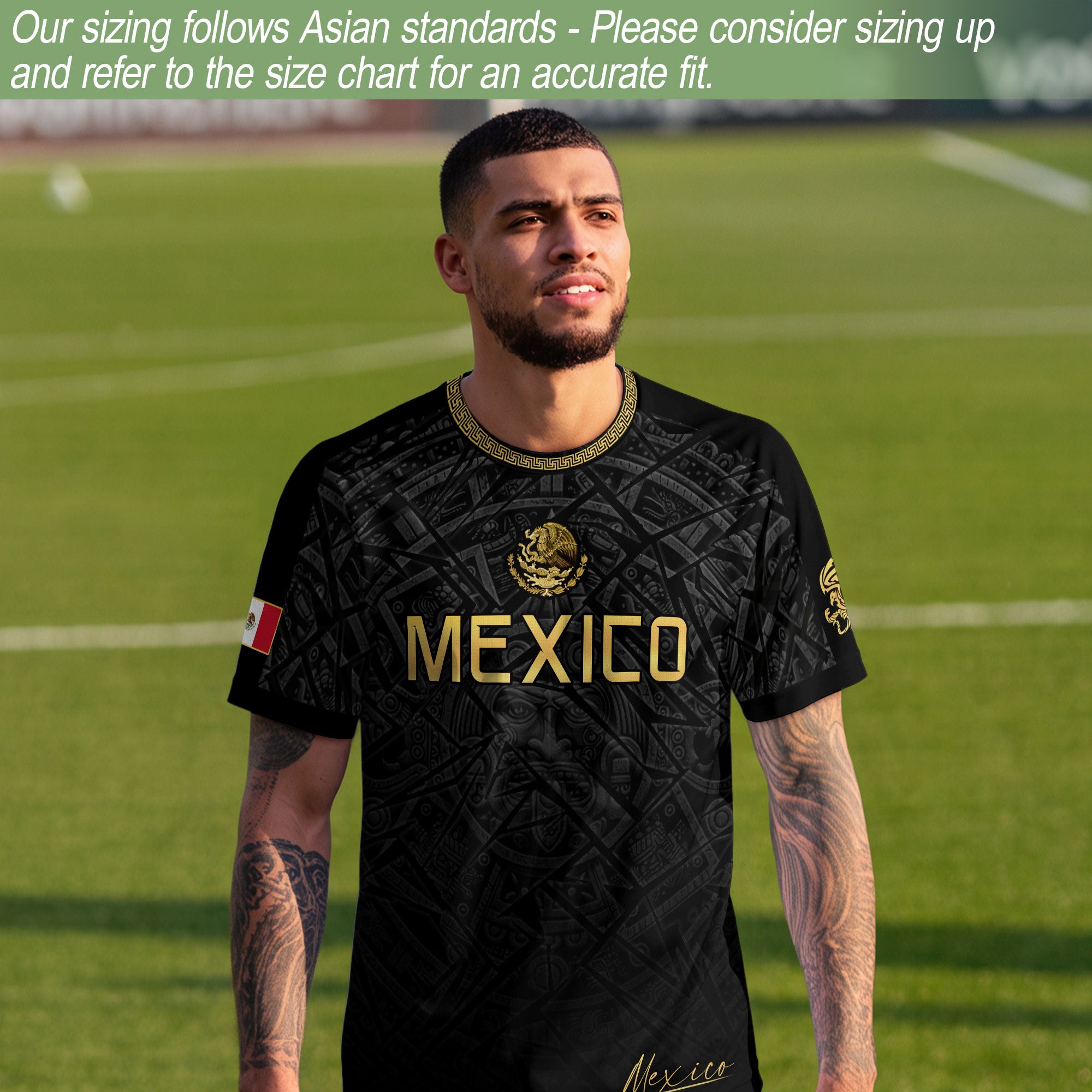 Mexico Soccer Jersey Black Gold Aztec Pattern – Football Shirt for Men Fans