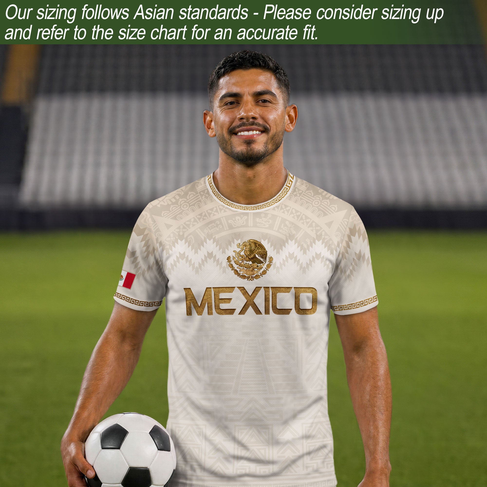 Camiseta de fútbol premium con emblema de águila azteca verde y dorado de México