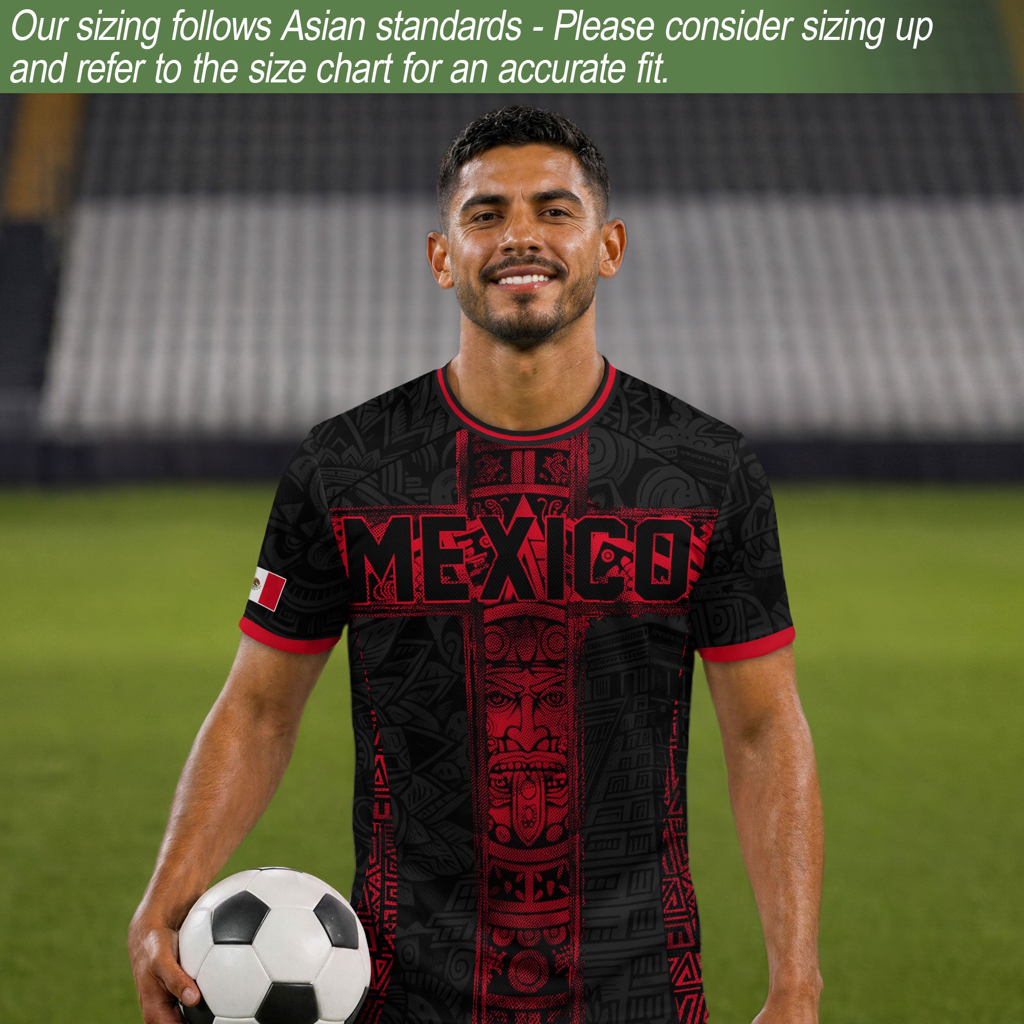 Mexico Soccer Jersey Men Black Red Aztec Cross Warrior Mexican Football Shirt