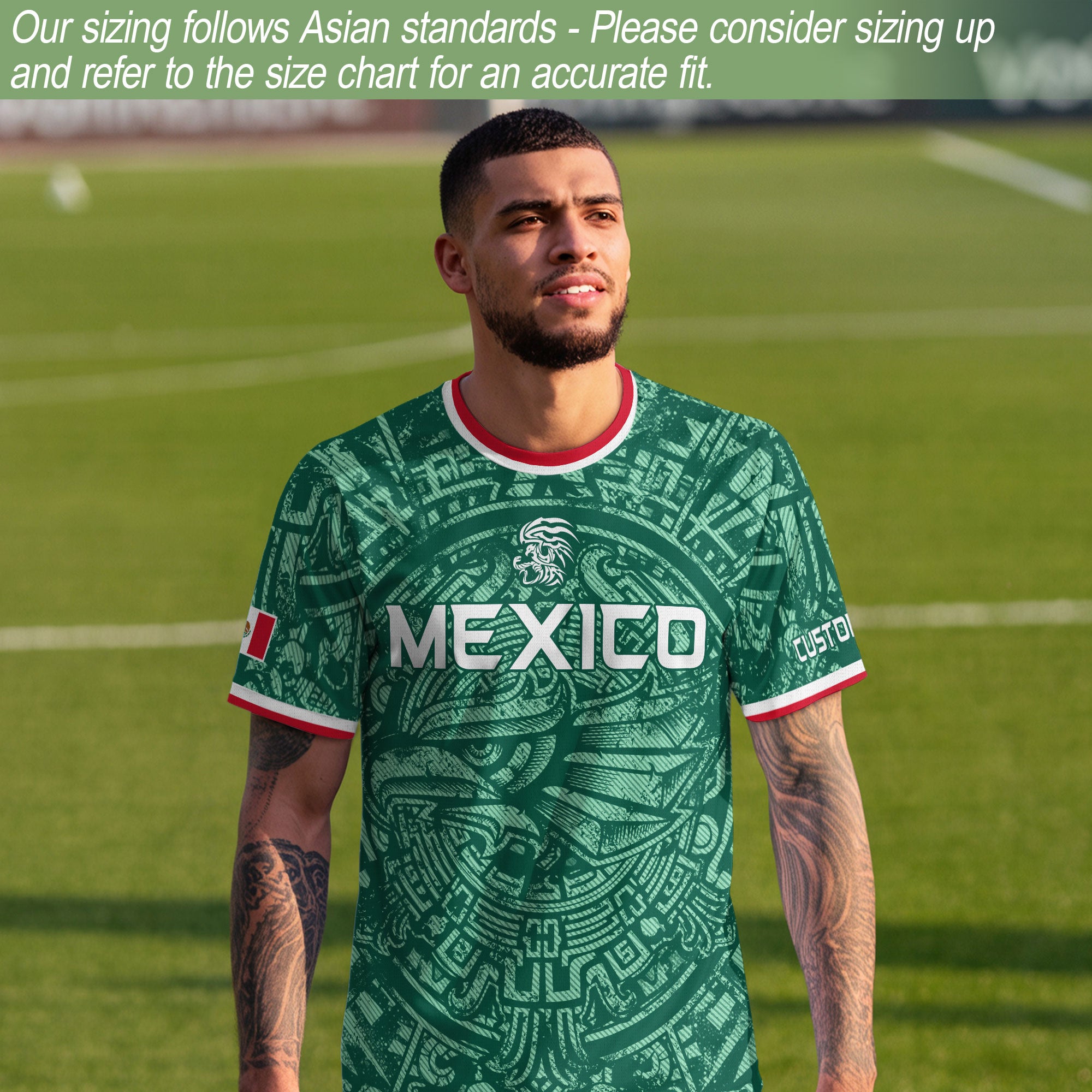 Mexico Soccer Jersey Custom Name - Green Aztec Calendar & Eagle Heritage Football Shirt