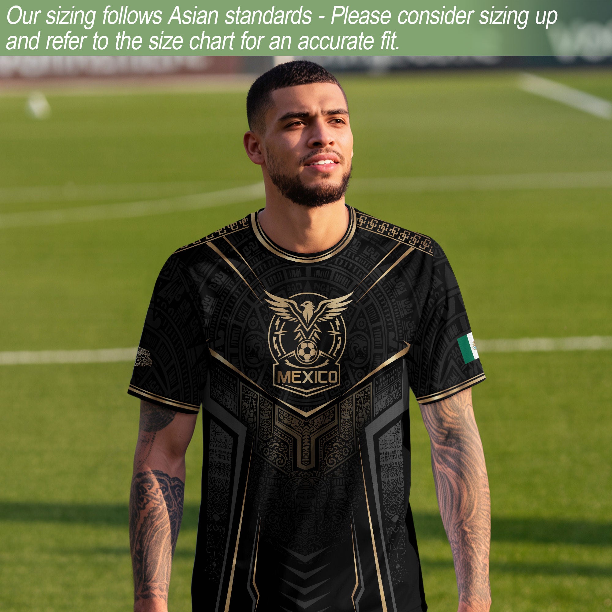 Camiseta de fútbol premium con emblema de águila azteca verde y dorado de México
