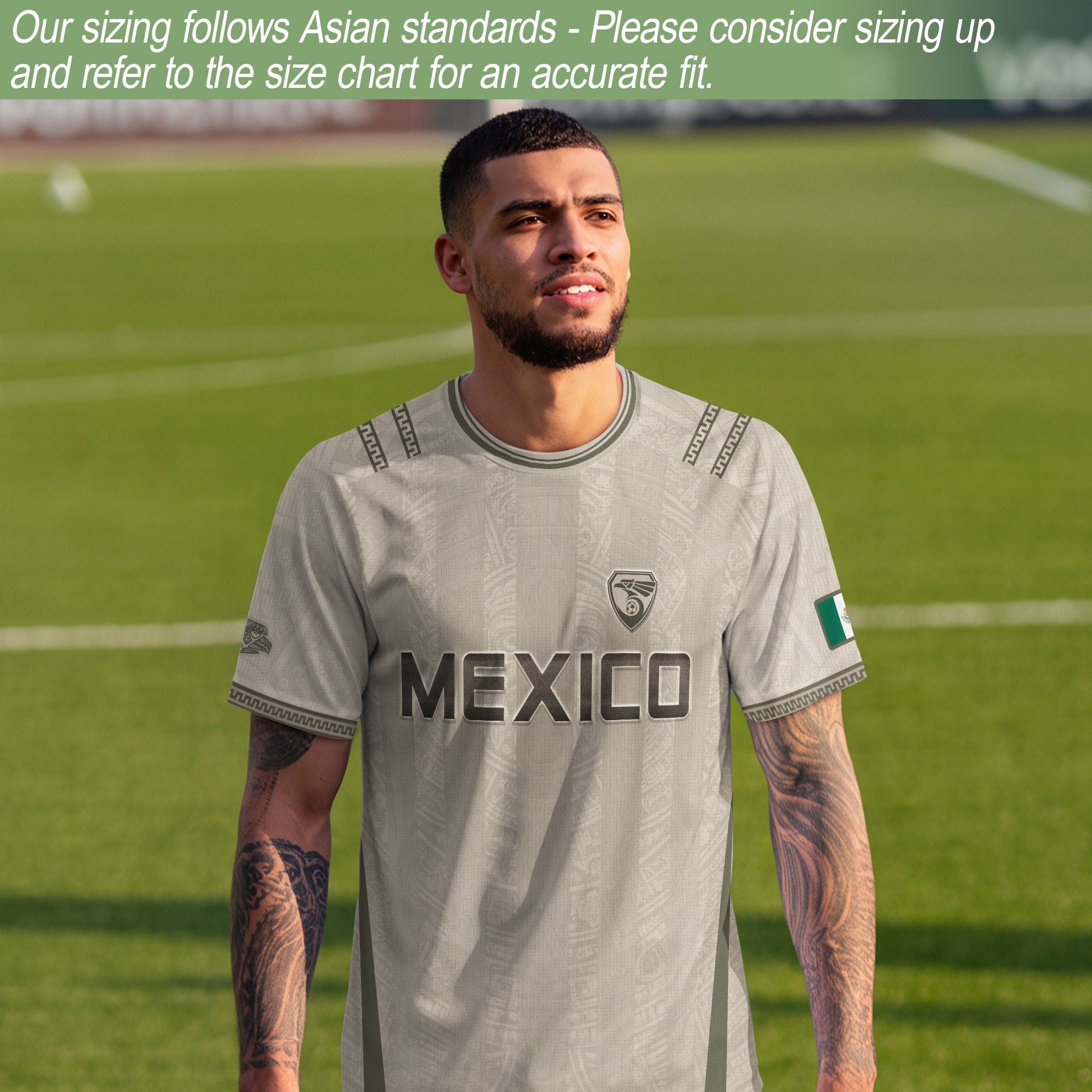 Camiseta de fútbol premium con emblema de águila azteca verde y dorado de México