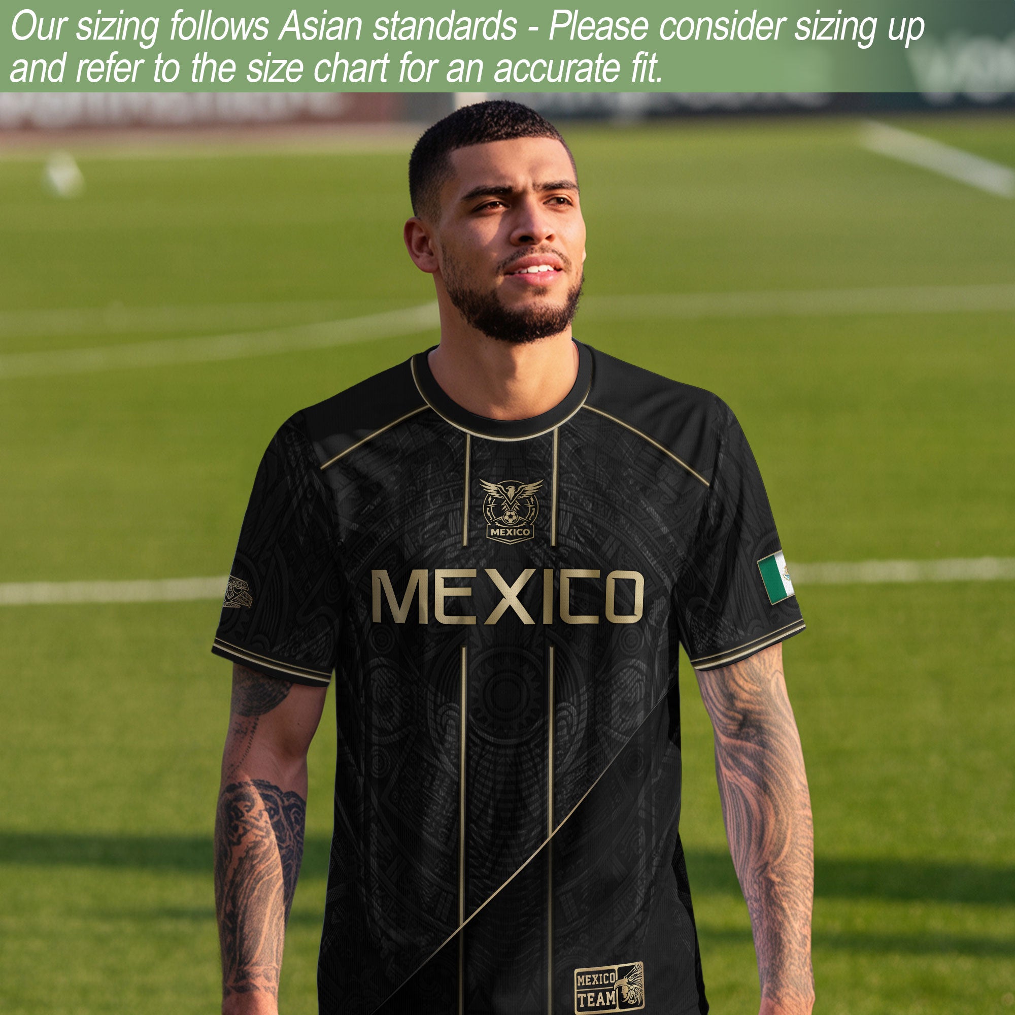 Camiseta de fútbol premium con emblema de águila azteca verde y dorado de México