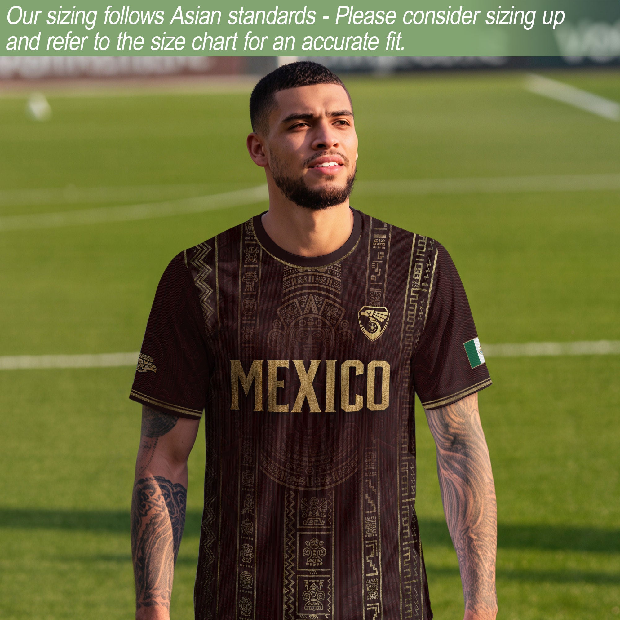 Camiseta de fútbol premium con emblema de águila azteca verde y dorado de México