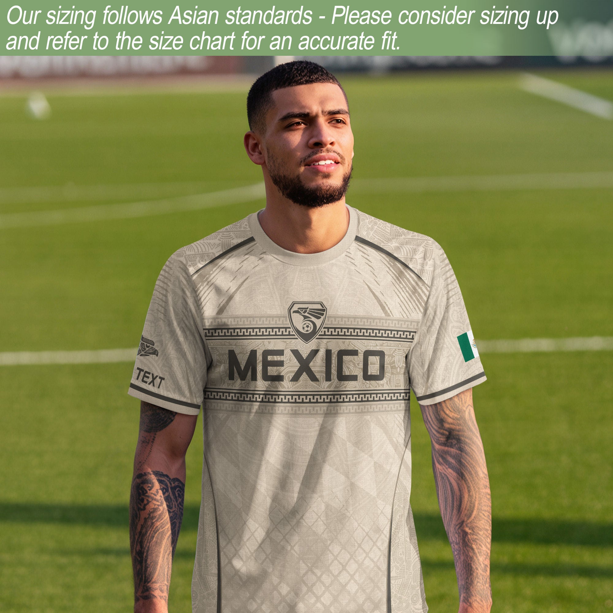 Camiseta de fútbol premium con emblema de águila azteca verde y dorado de México