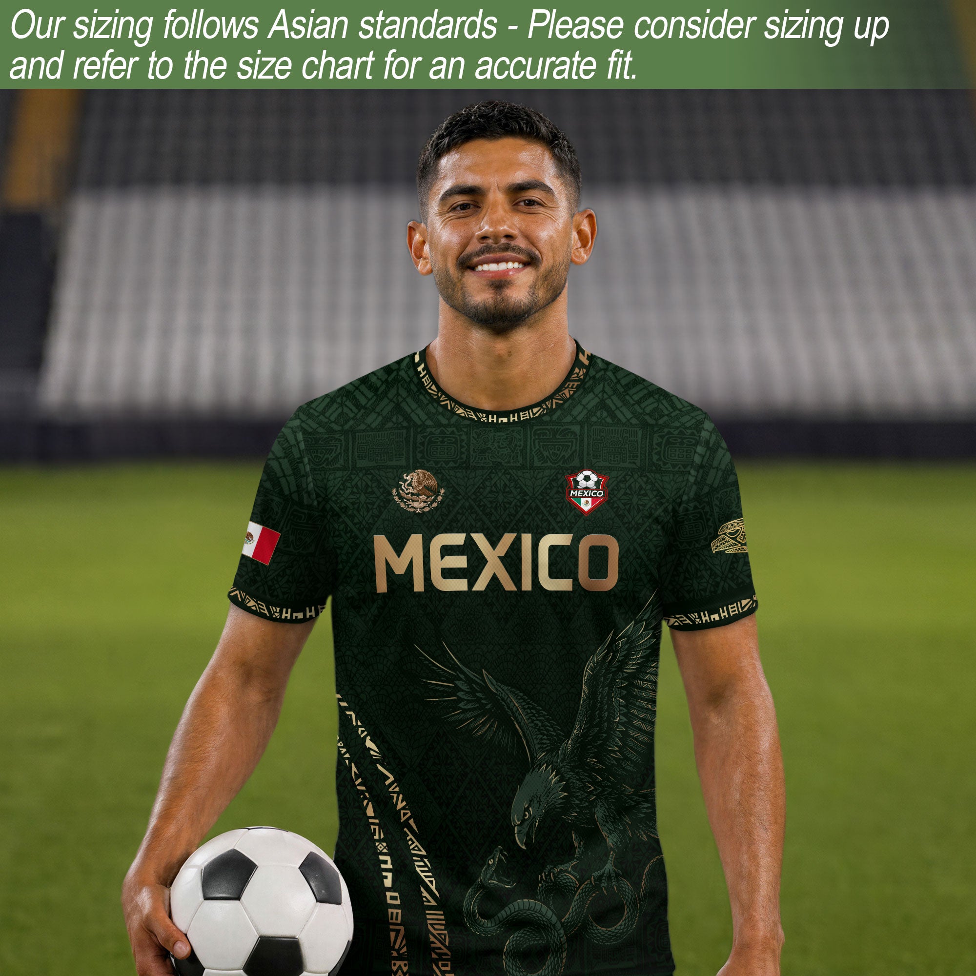 Camiseta de fútbol premium con emblema de águila azteca verde y dorado de México