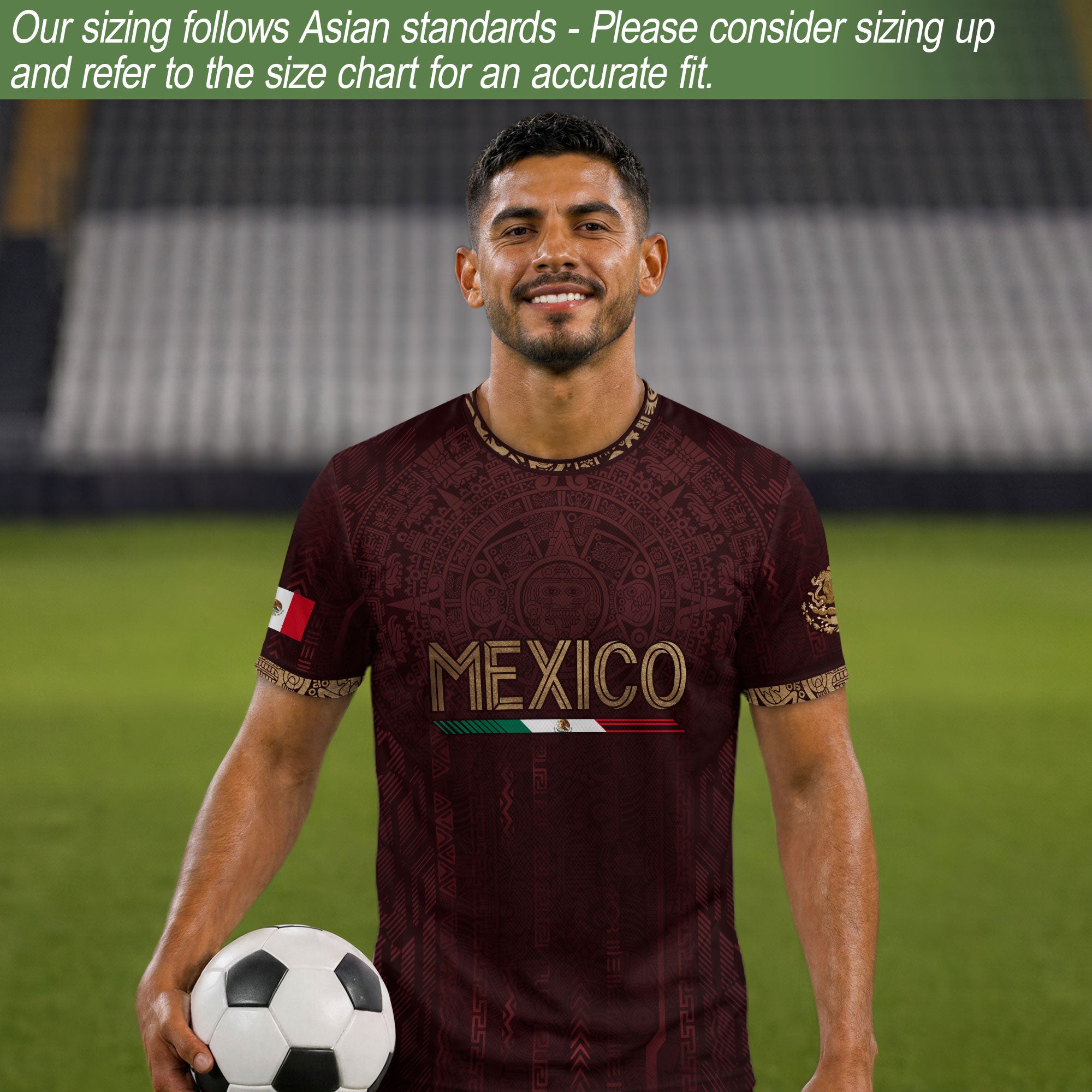 Camiseta de fútbol premium con emblema de águila azteca verde y dorado de México