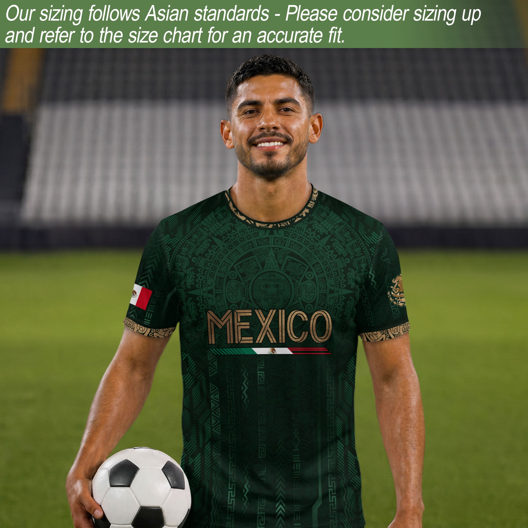 Camiseta de fútbol premium con emblema de águila azteca verde y dorado de México