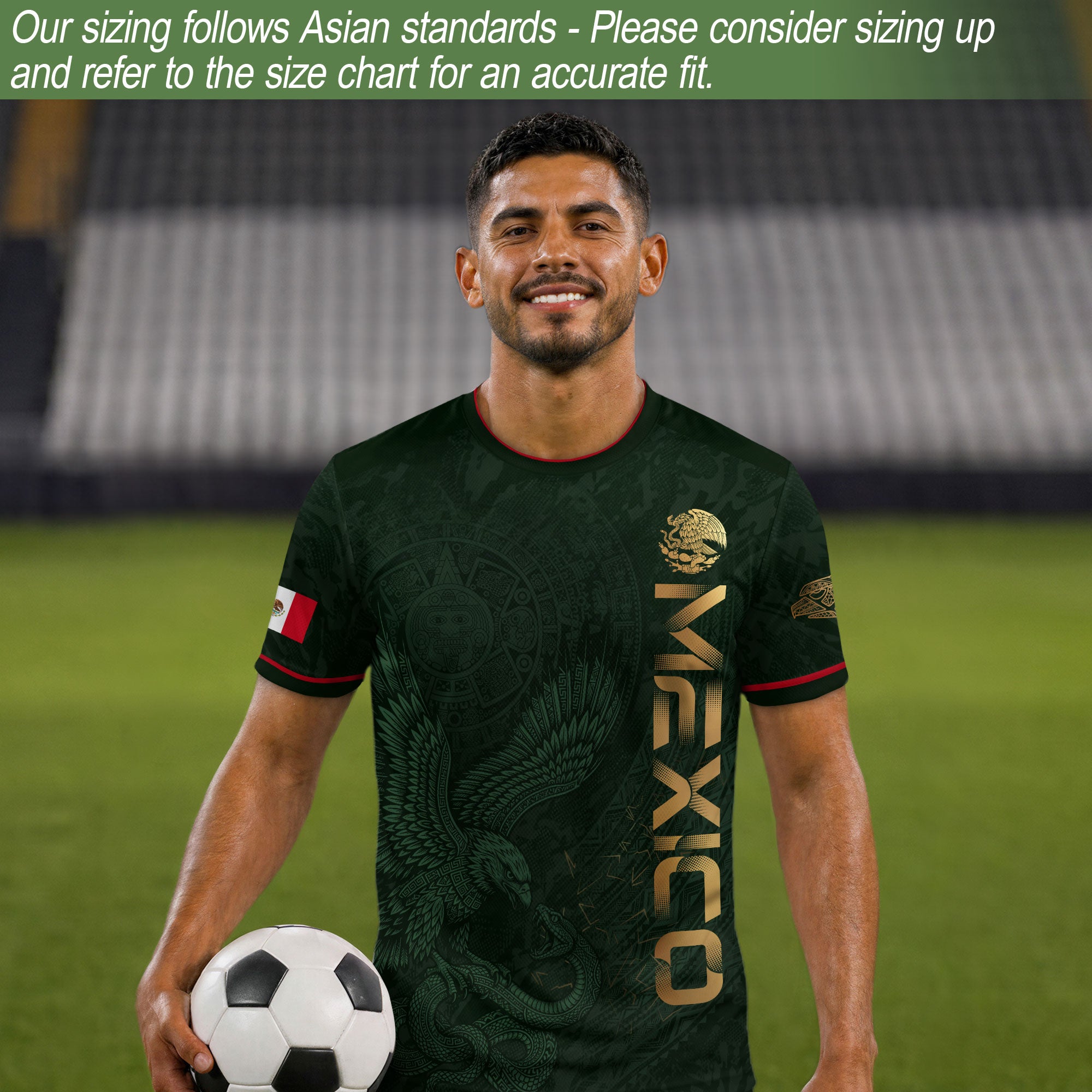 Camiseta de fútbol premium con emblema de águila azteca verde y dorado de México