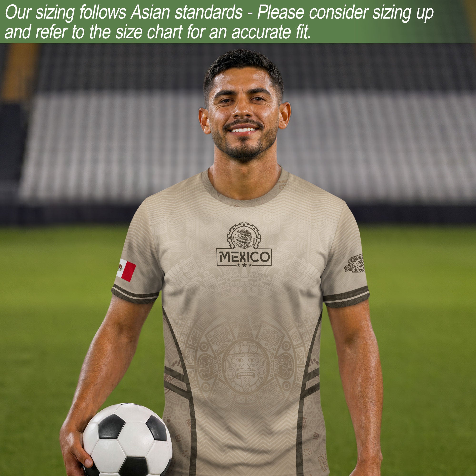 Camiseta de fútbol premium con emblema de águila azteca verde y dorado de México