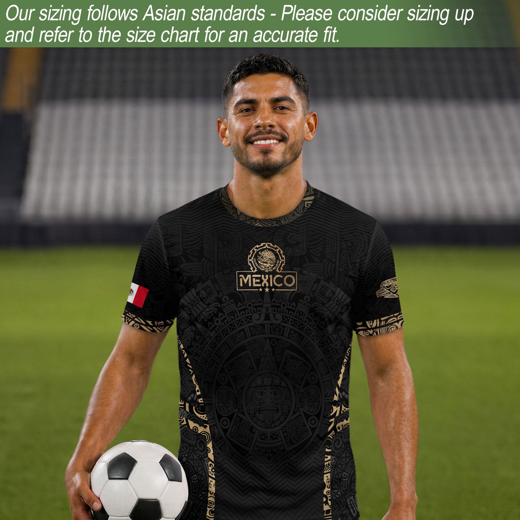 Camiseta de fútbol premium con emblema de águila azteca verde y dorado de México