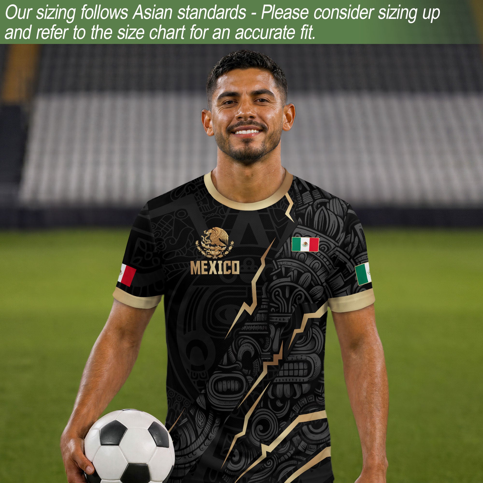 Camiseta de fútbol de la herencia del guerrero azteca del águila dorada negra de México