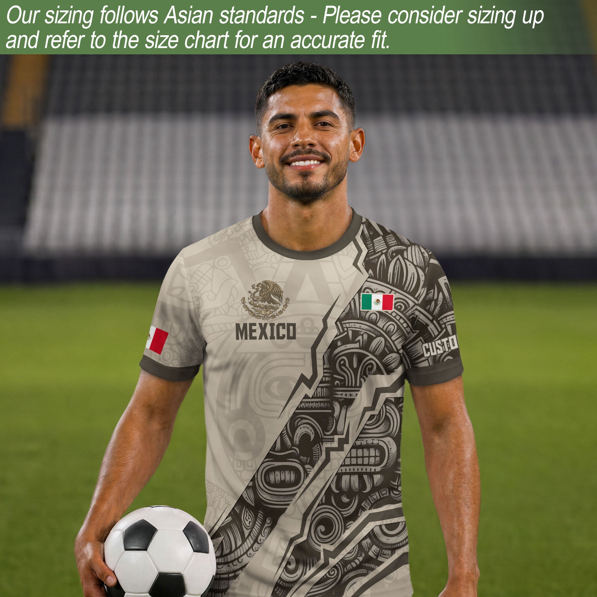 Custom Beige Mexico Soccer Jersey Aztec Eagle Heritage Gold Trim Mexican Football Shirt
