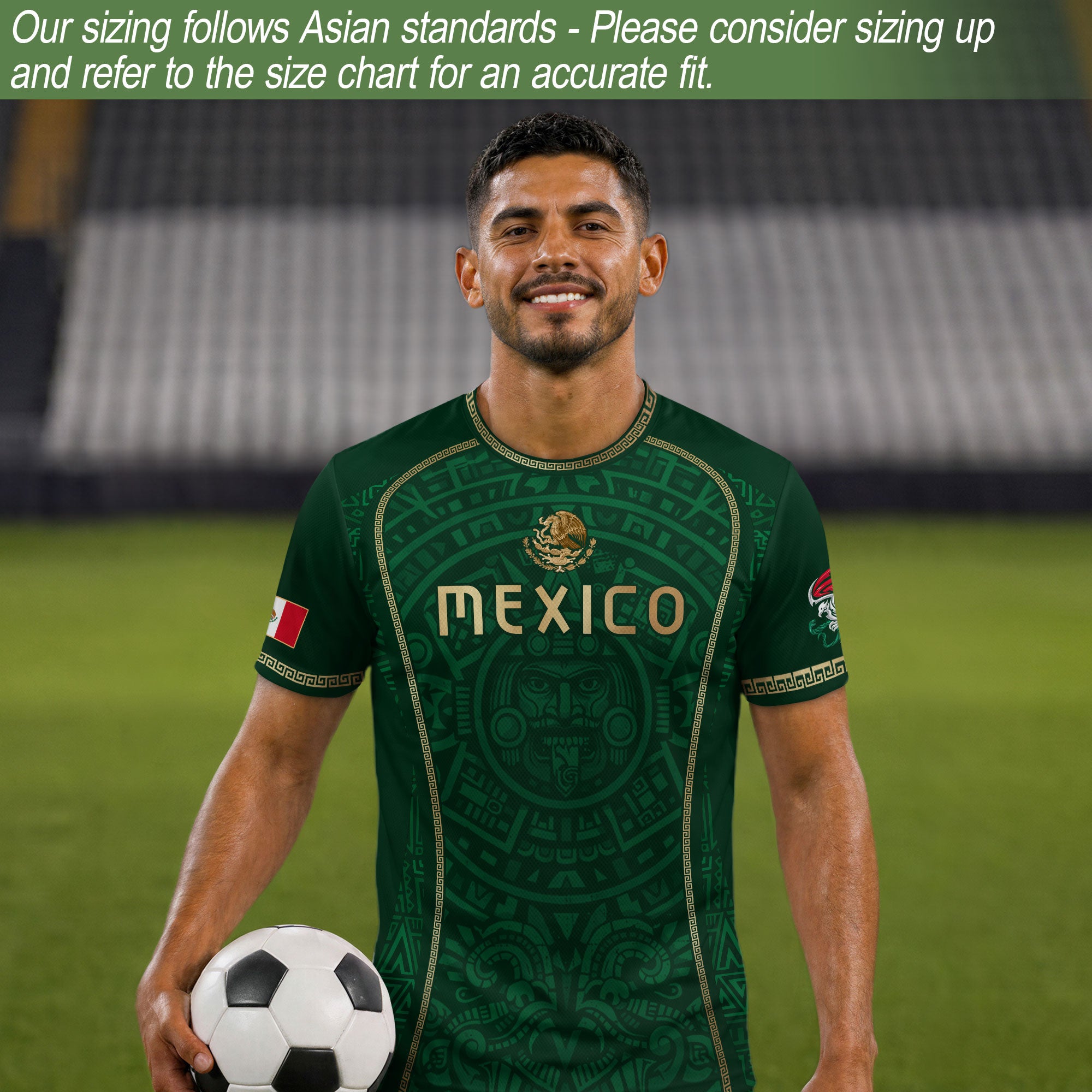 Camiseta de fútbol premium con emblema de águila azteca verde y dorado de México