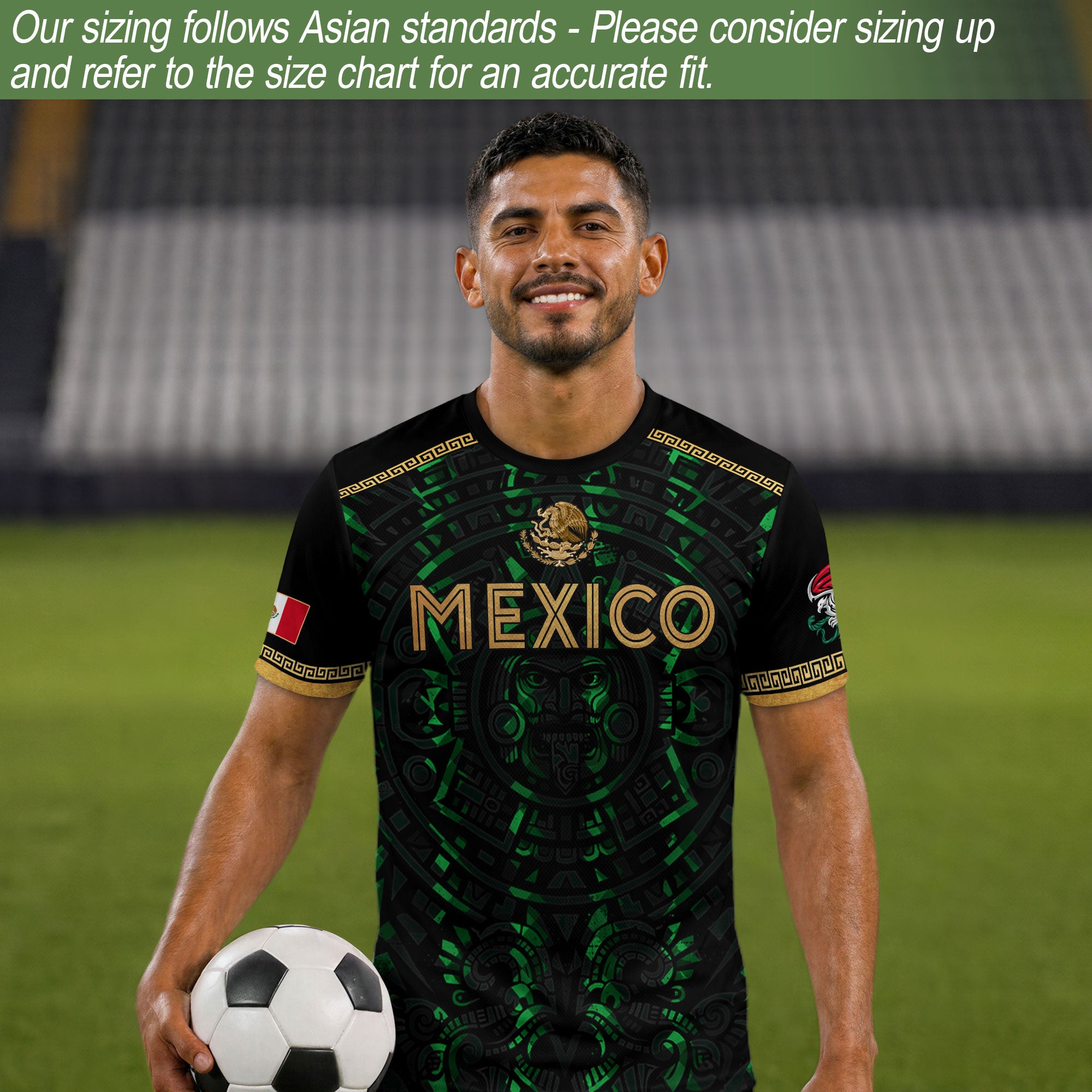Camiseta de fútbol premium con emblema de águila azteca verde y dorado de México