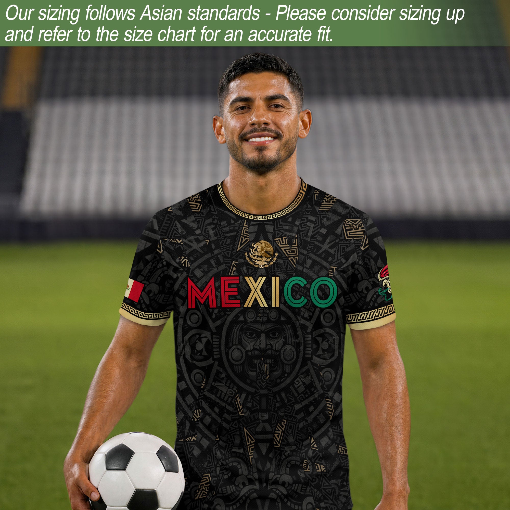 Camiseta de fútbol premium con emblema de águila azteca verde y dorado de México