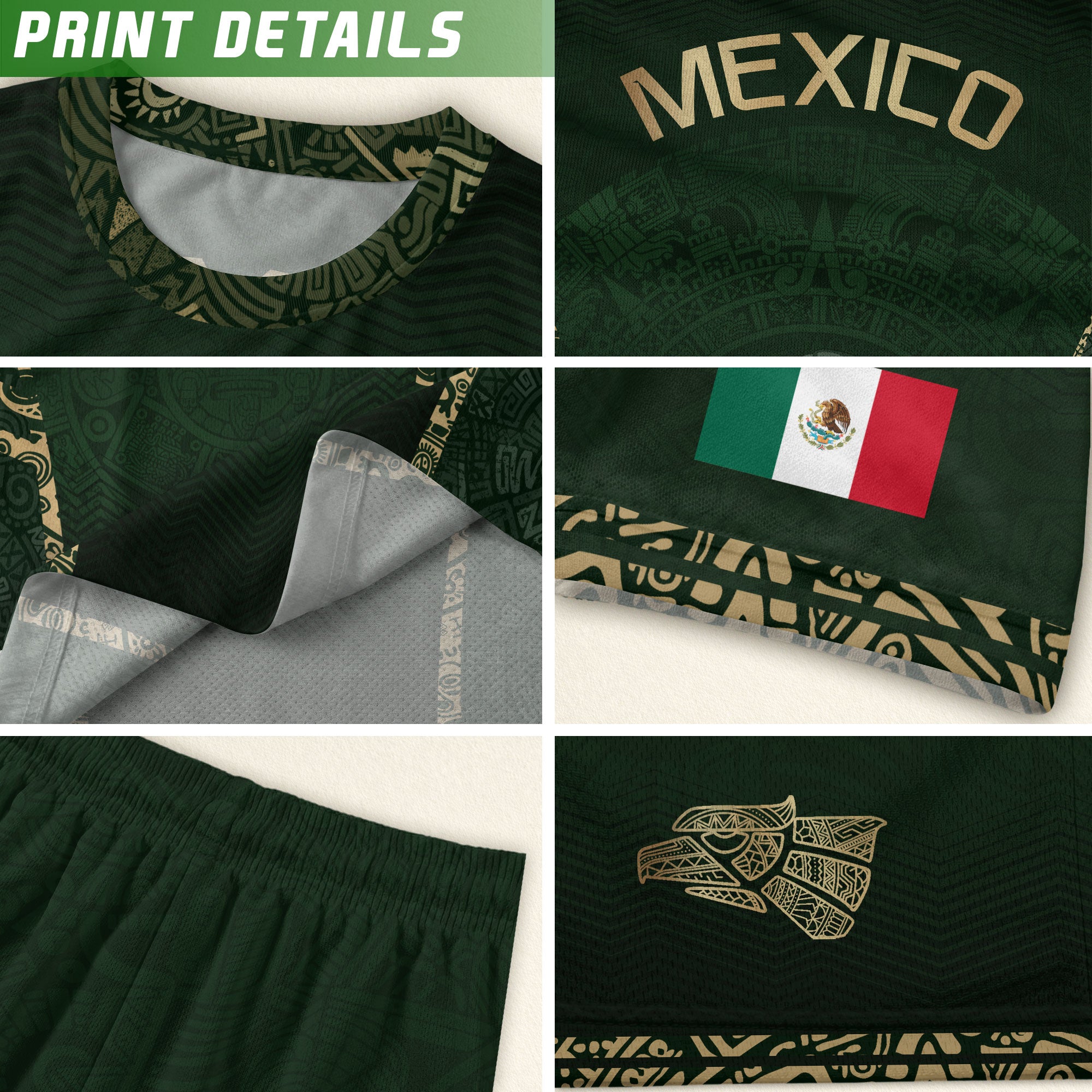 Mexico Kids Soccer Jersey Youth Green Gold Aztec Calendar Eagle Heritage Football Shirt