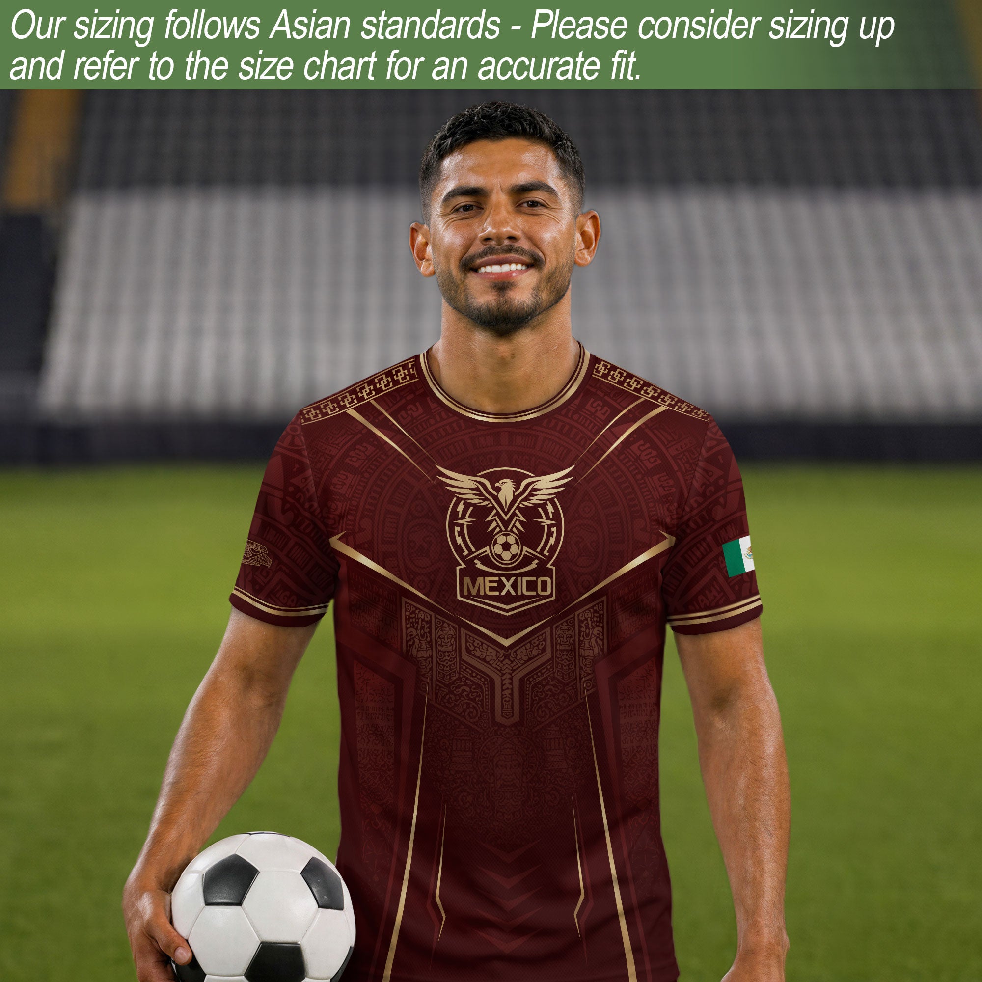Camiseta de fútbol premium con emblema de águila azteca verde y dorado de México