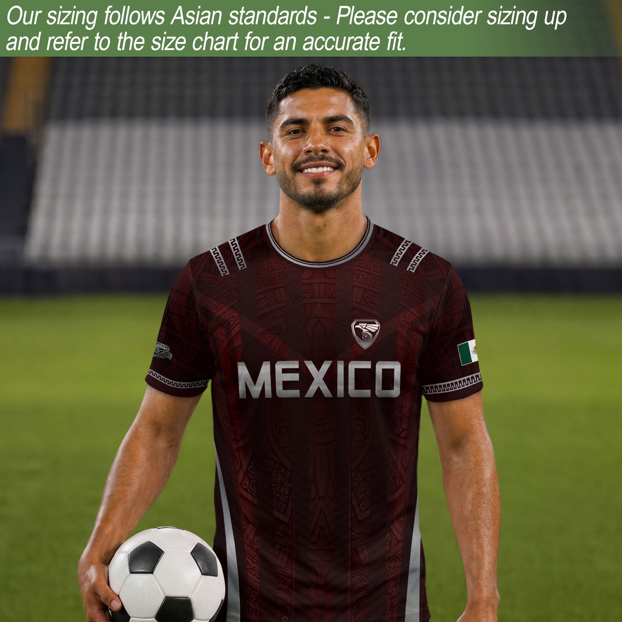 Camiseta de fútbol premium con emblema de águila azteca verde y dorado de México