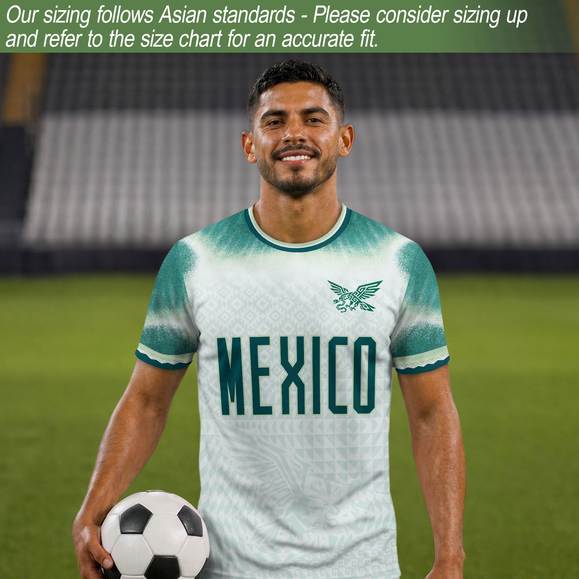 Camiseta de fútbol premium con emblema de águila azteca verde y dorado de México