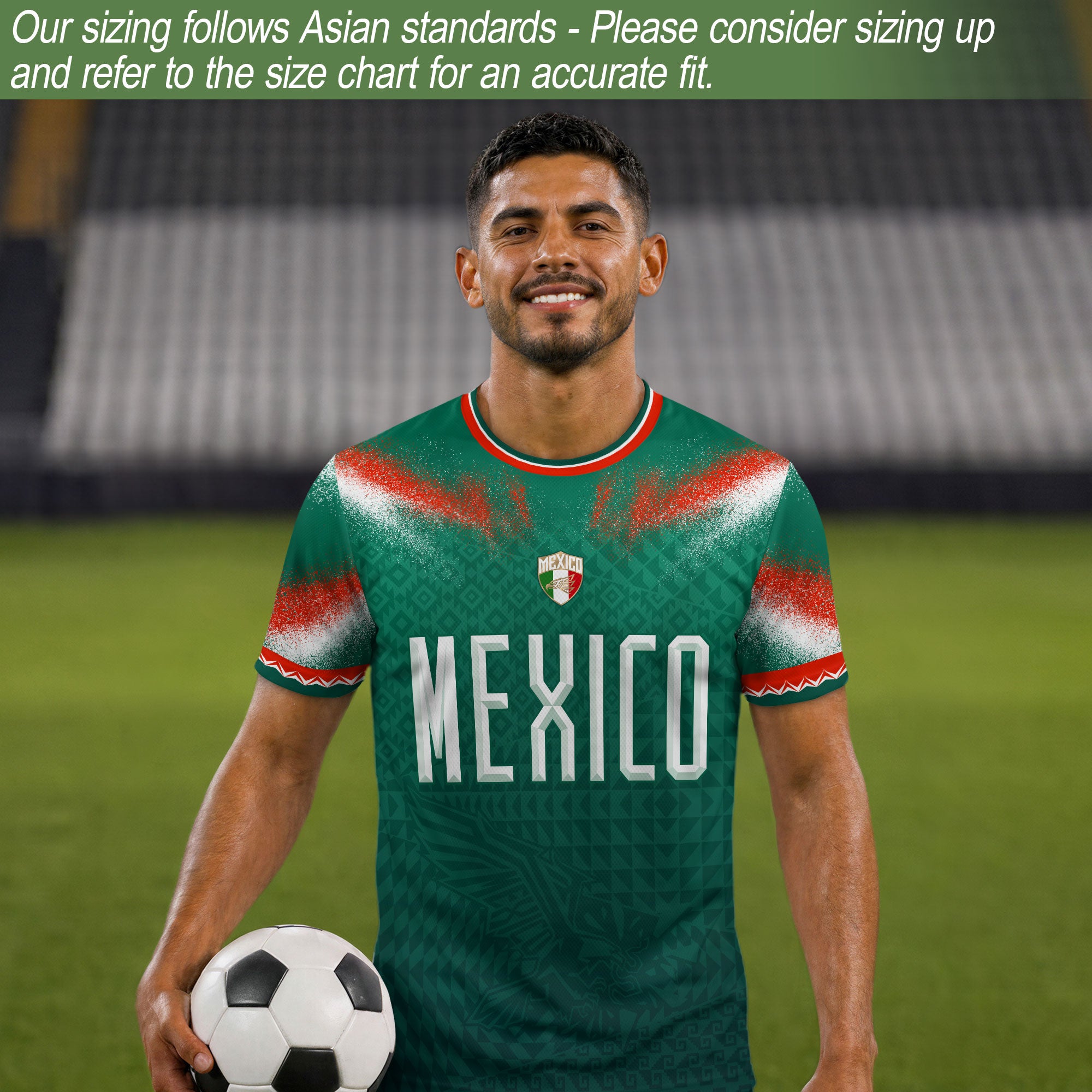 Camiseta de fútbol premium con emblema de águila azteca verde y dorado de México