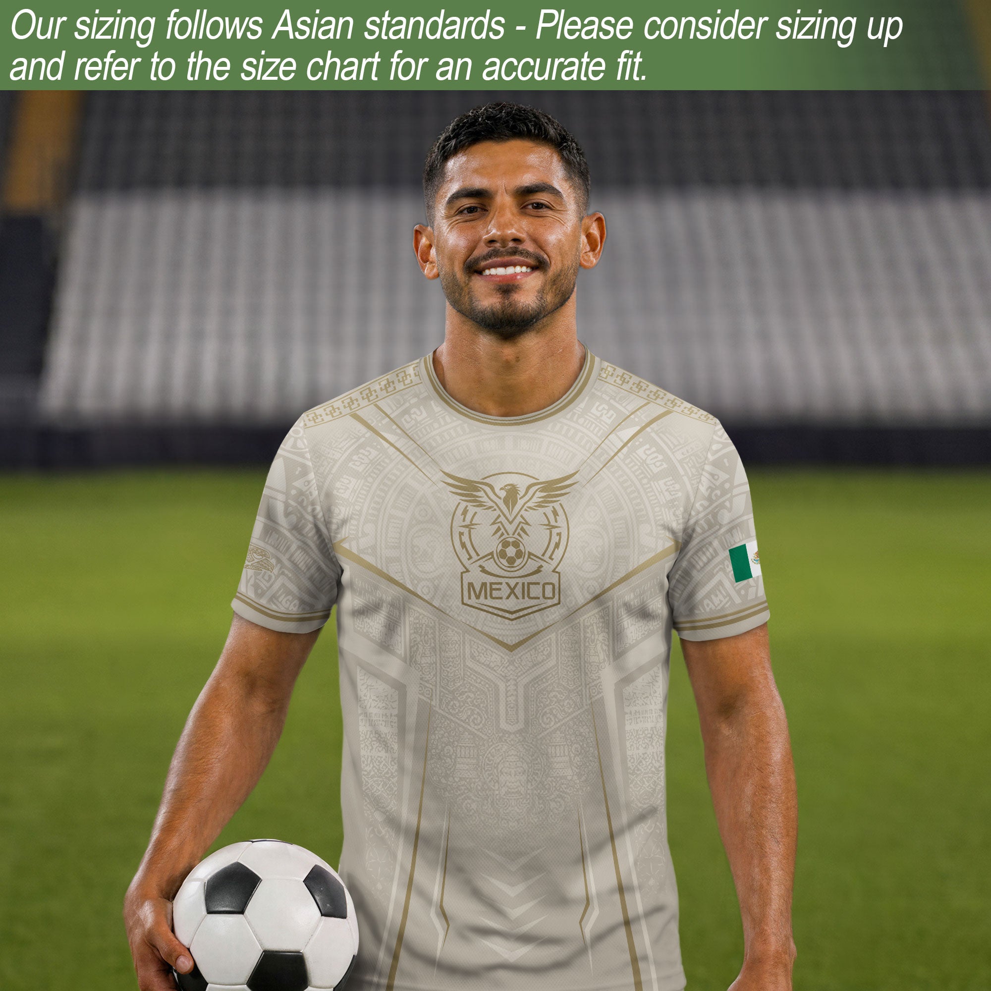 Camiseta de fútbol premium con emblema de águila azteca verde y dorado de México