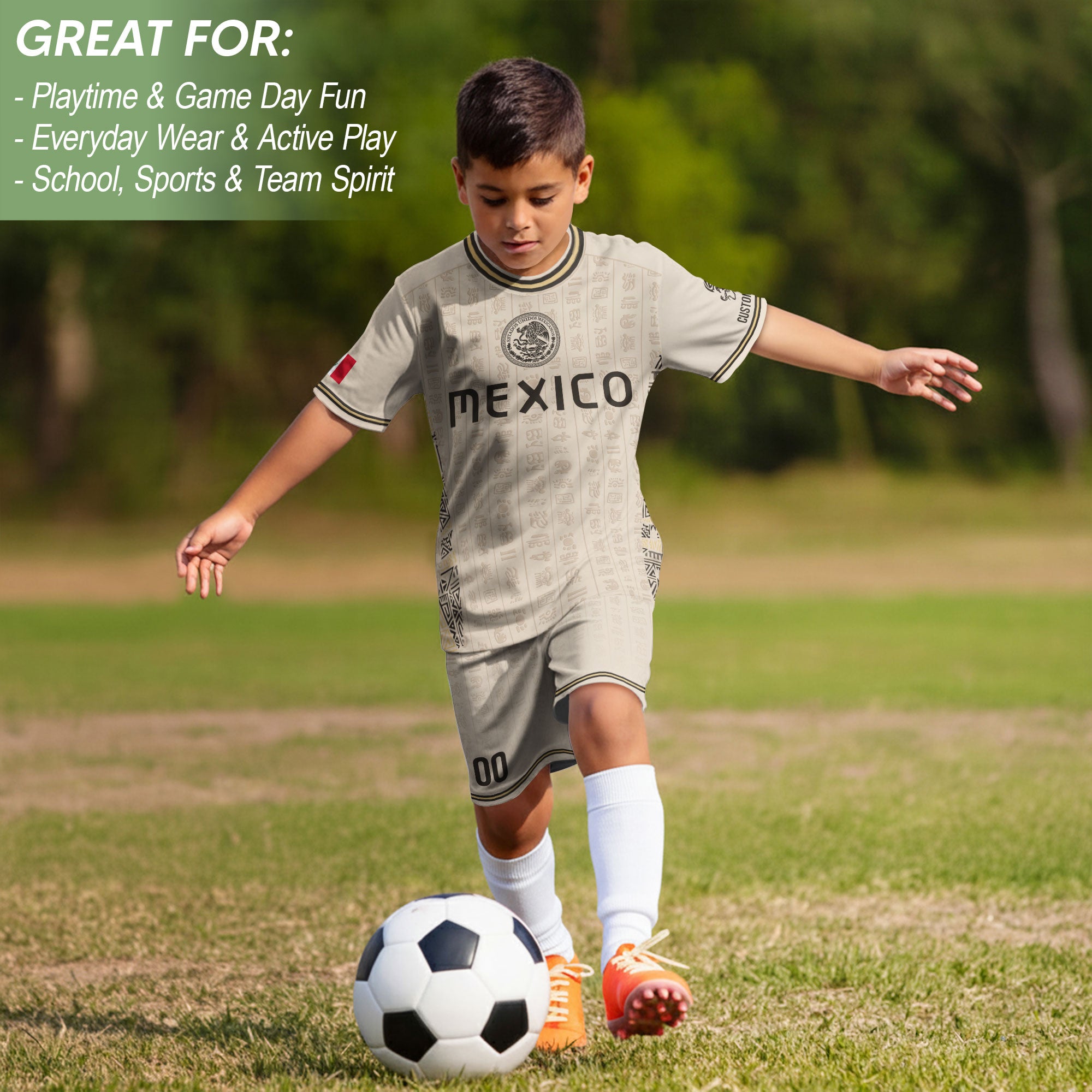 Custom Kid Mexico Soccer Jersey Sand Color Mayan Graphic Personalized Youth Top