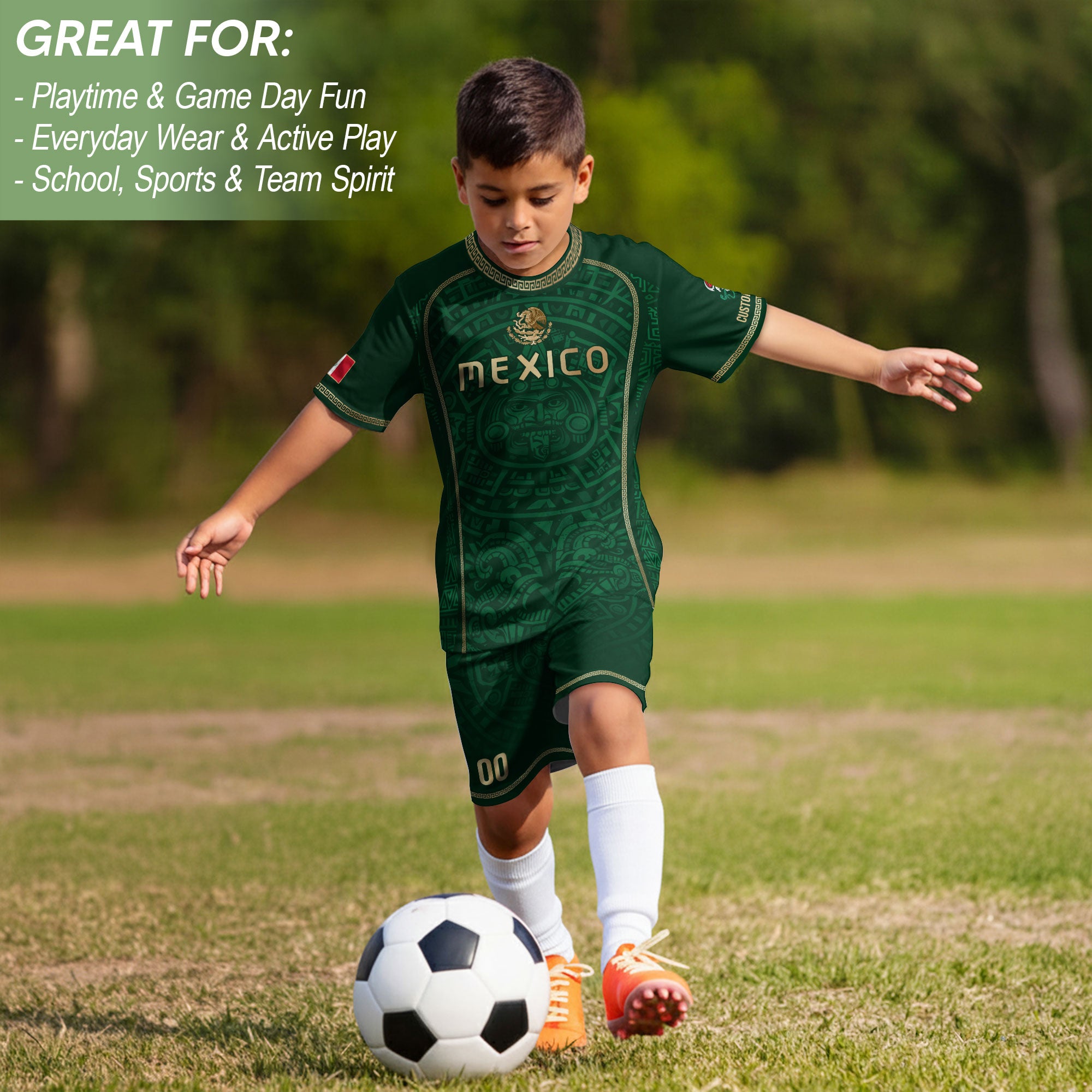 Custom Kid Mexico Soccer Jersey Green Edition Mayan Print Custom Name Youth Shirt