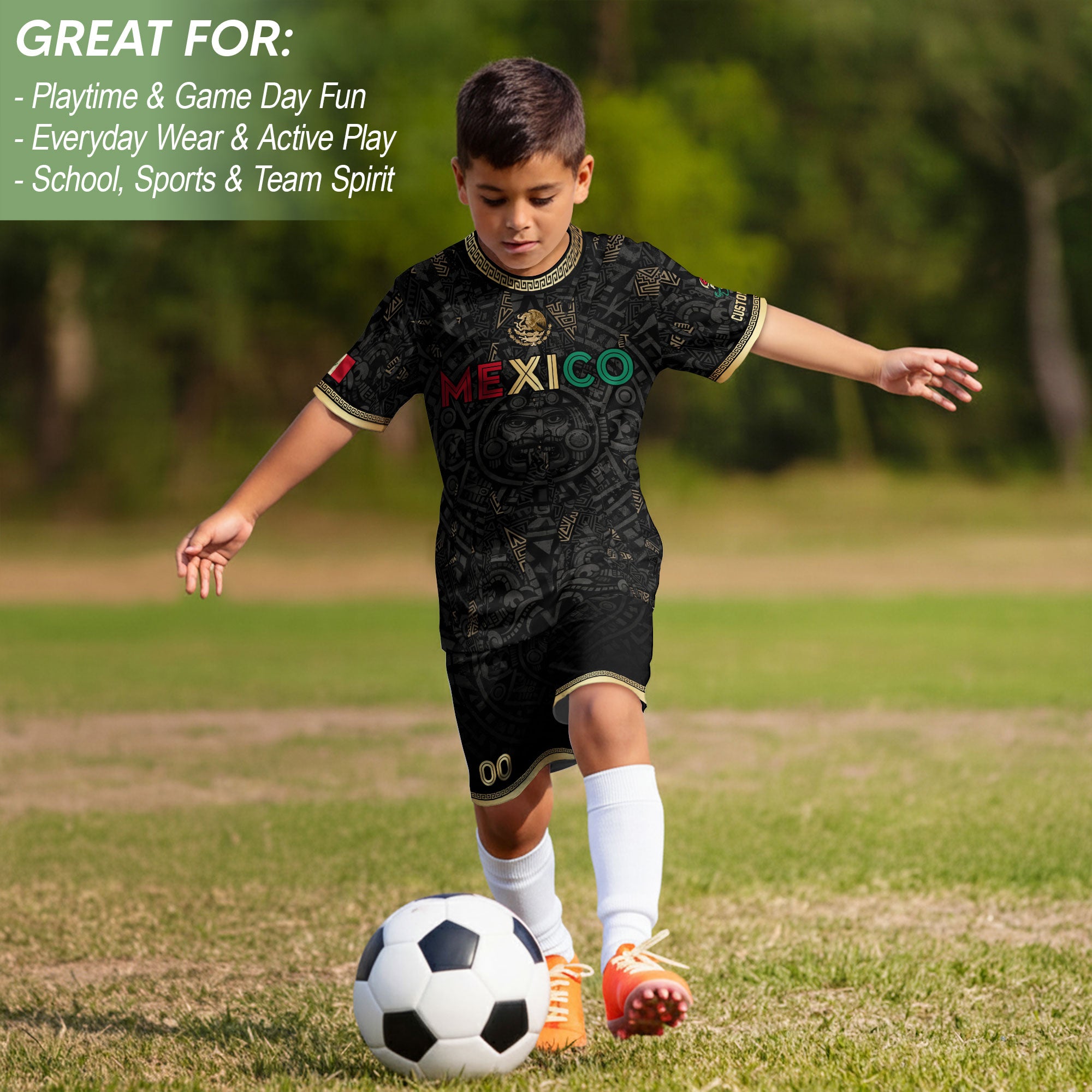 Custom Kid Mexico Soccer Jersey Black Gold Edition Mayan Print Custom Name Tee