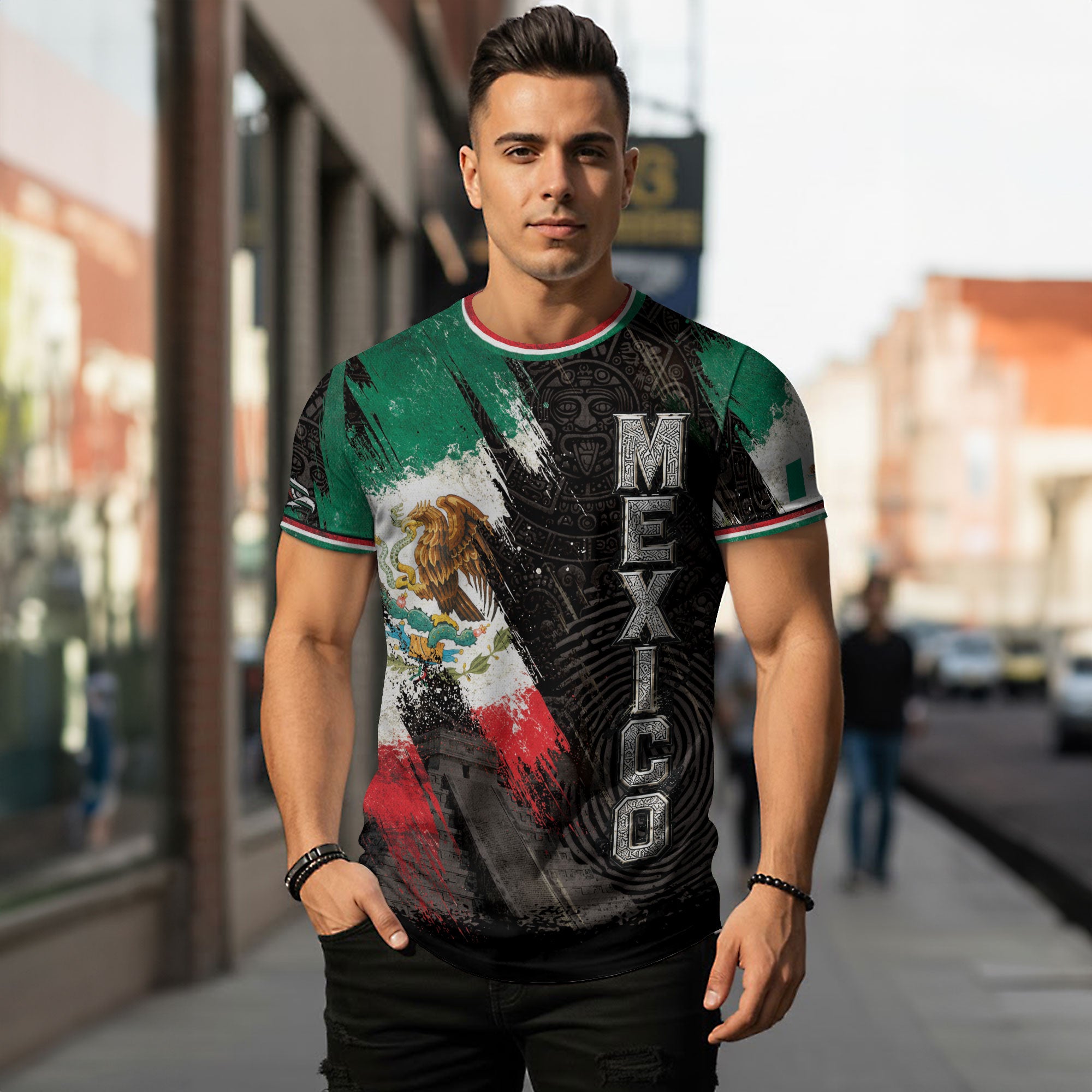 Mexico T-Shirt All Over Print Aztec Eagle Mexican Flag Shirt Men Graphic Tee