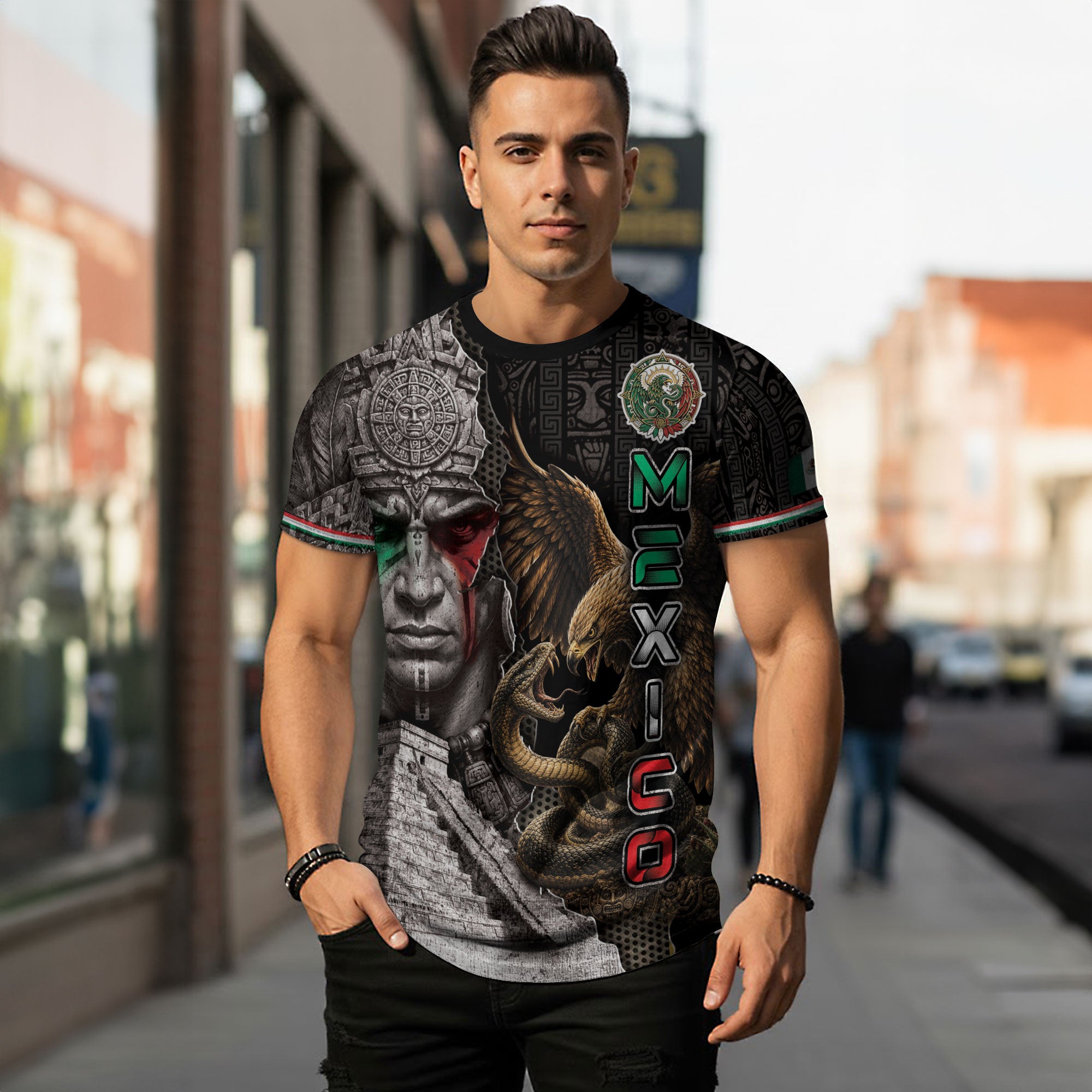 Mexico T-Shirt Aztec Warrior Mayan Pyramid Eagle Serpent Graphic Tee Shirt
