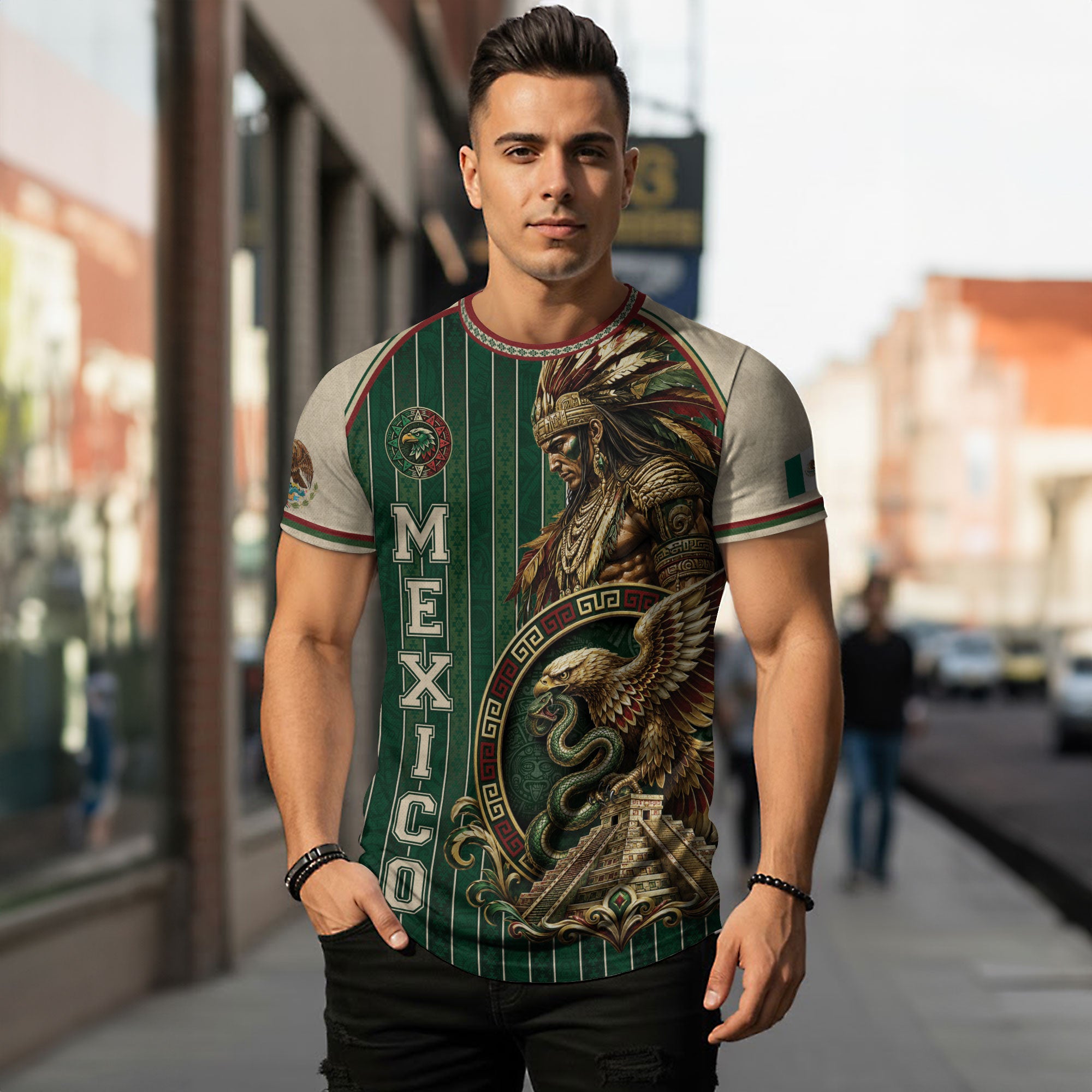 Camiseta con la bandera de México, Guadalupe, herencia floral azteca, legado del orgullo nacional