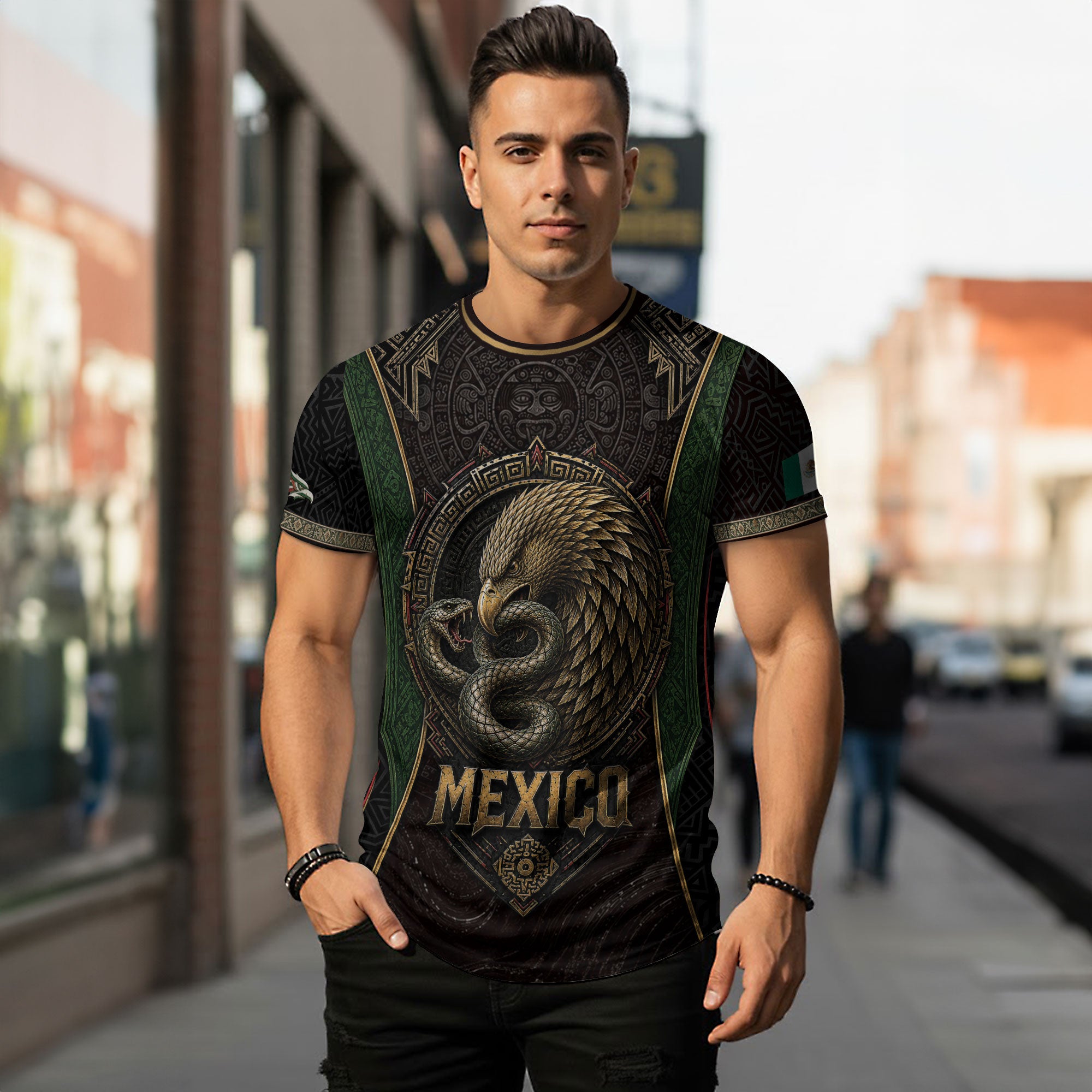 Camiseta con la bandera de México, Guadalupe, herencia floral azteca, legado del orgullo nacional