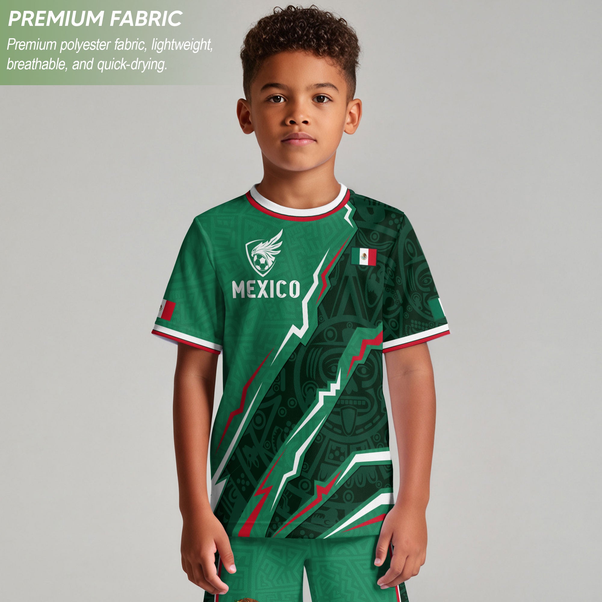 Camiseta de fútbol infantil de México con diseño de escudo con patrón azteca verde