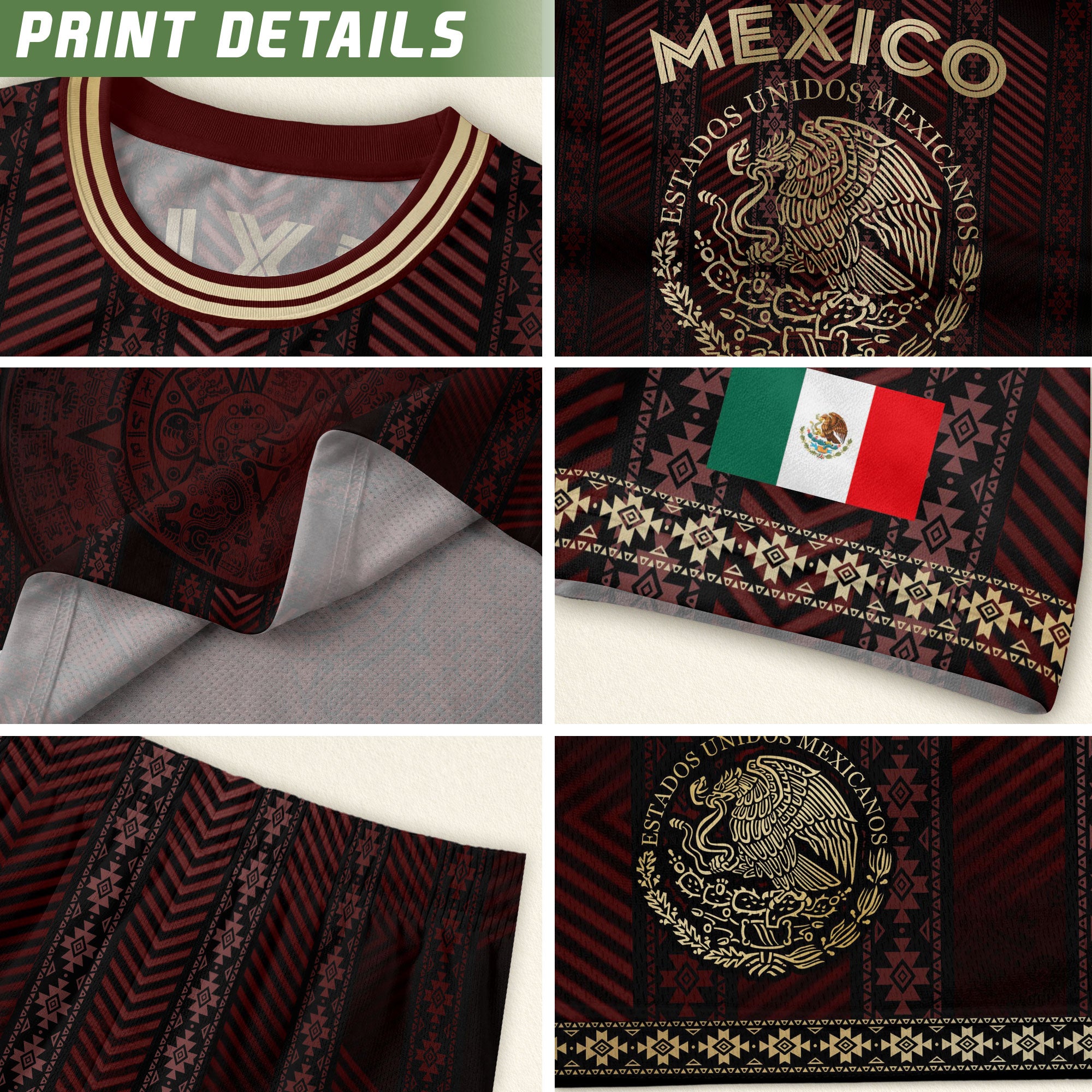 Mexico Burgundy Soccer Jersey with Golden Aztec Calendar and Eagle Crest
