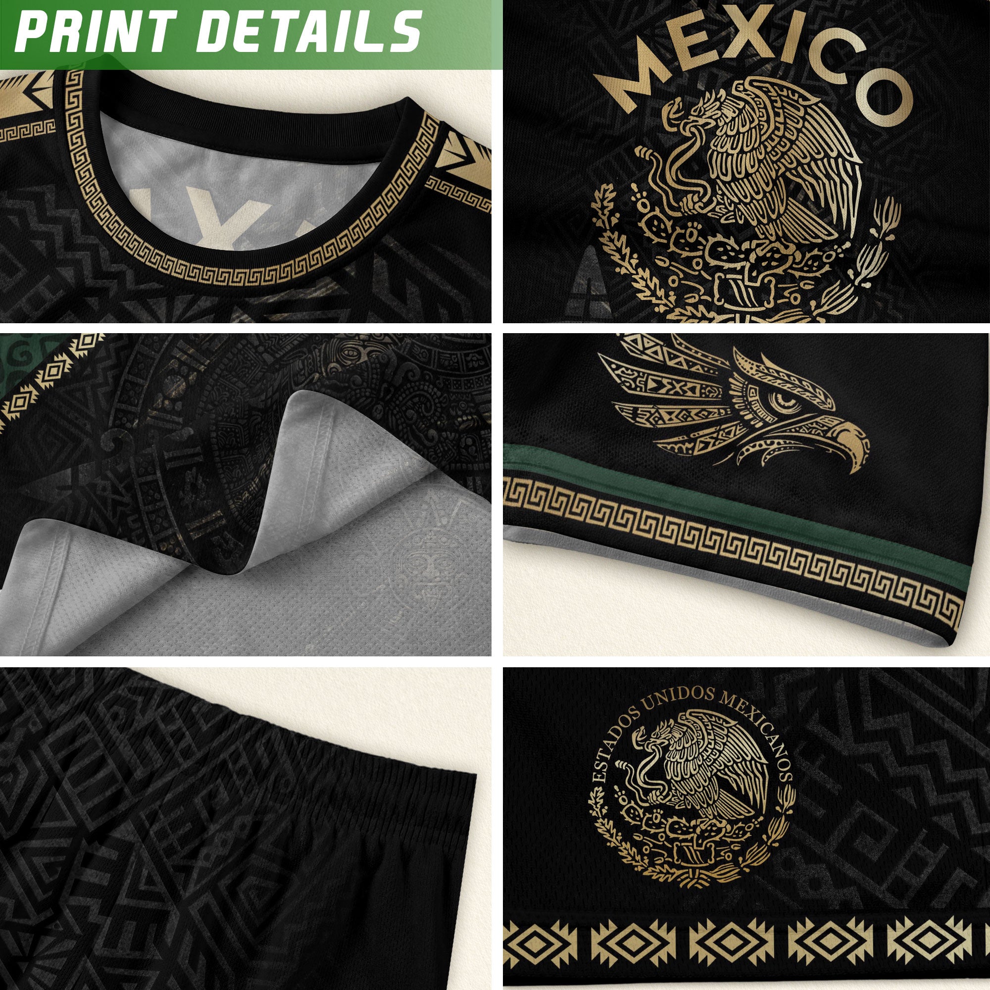 Mexico Heritage Orgullo Mexicano Black Gold Sash Aztec Calendar Gold Shoulder Soccer Jersey