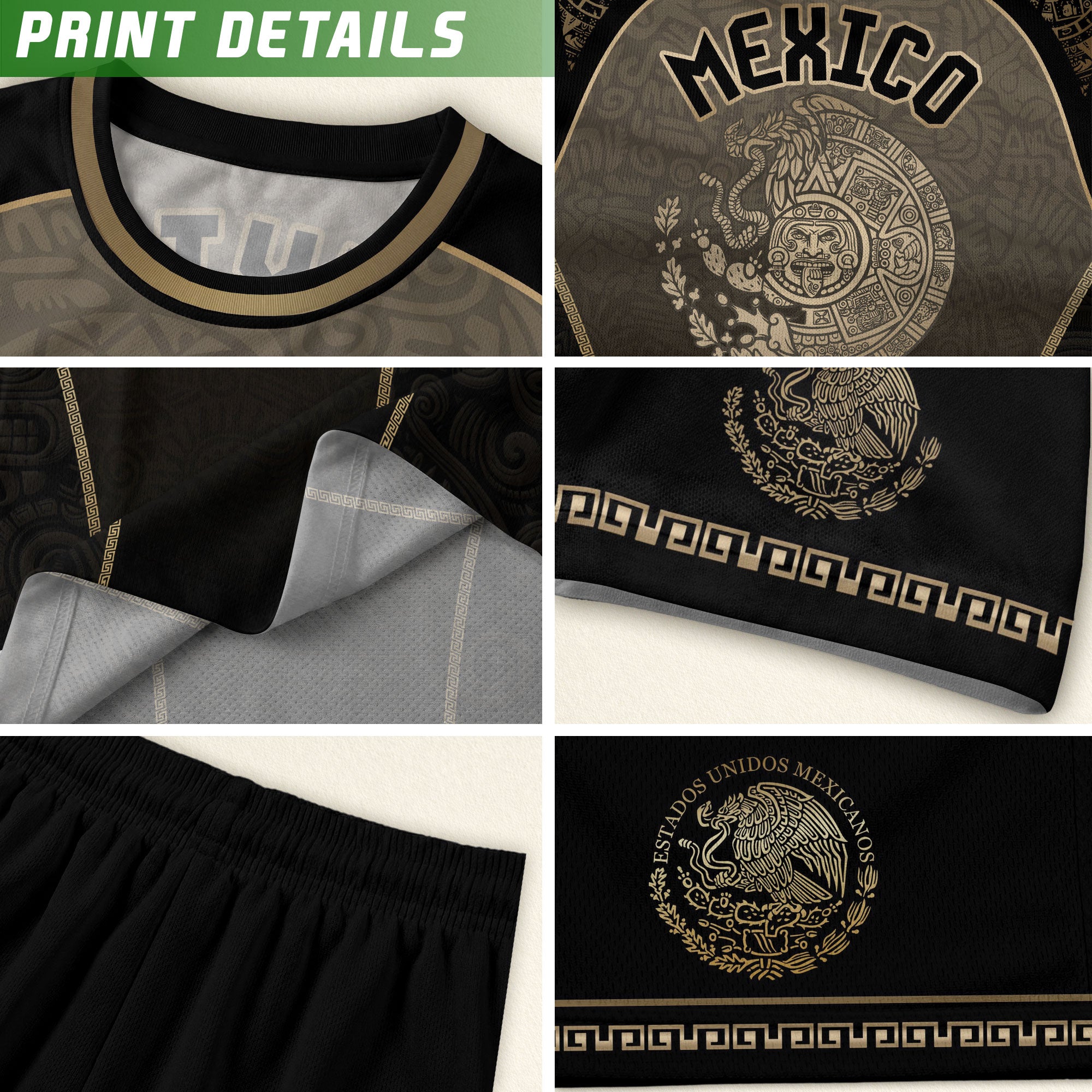 Mexico Heritage Black Tan Arch Design Aztec Empire Pride Graphic Soccer Jersey