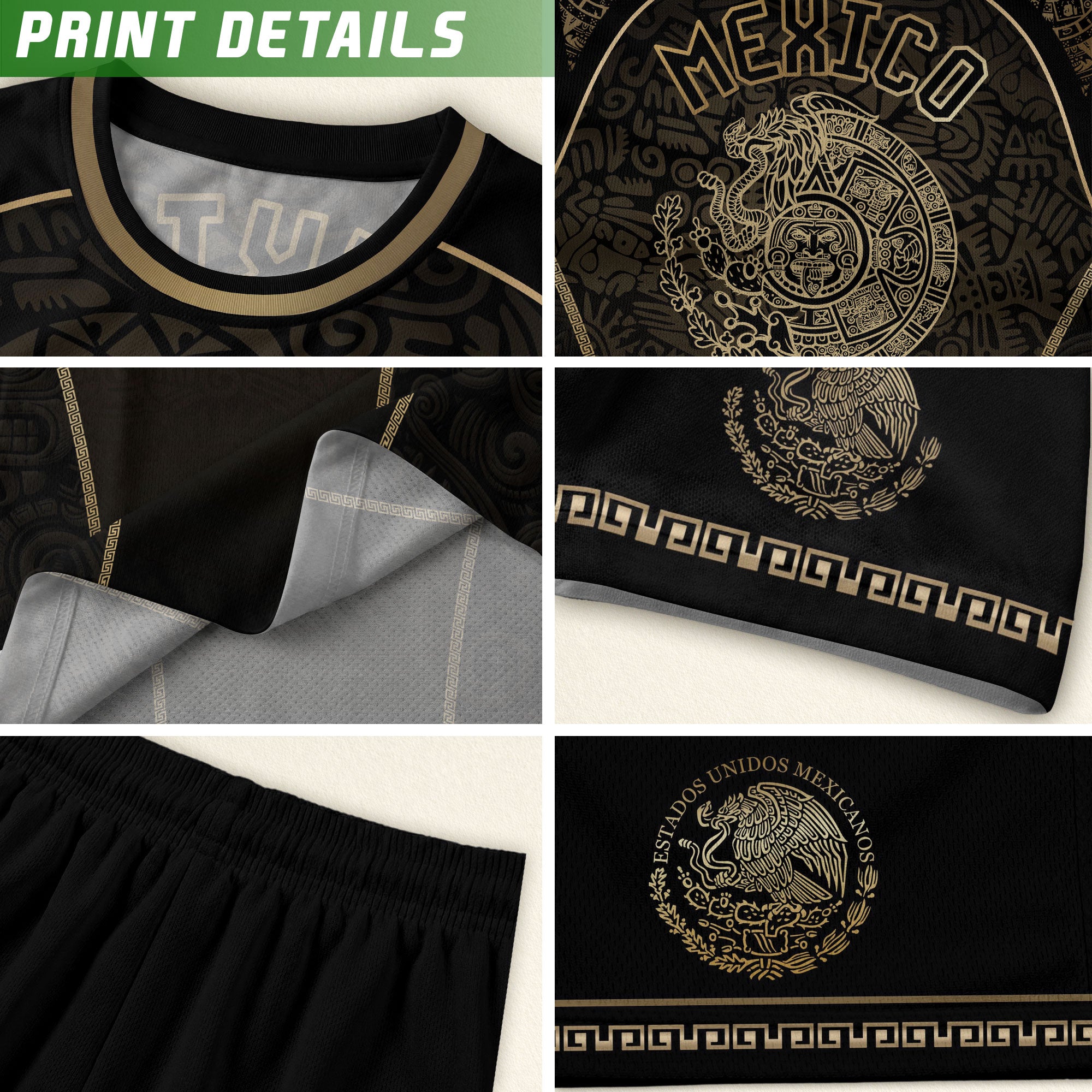Mexico Heritage Black Tan Arch Design Aztec Empire Pride Graphic Soccer Jersey